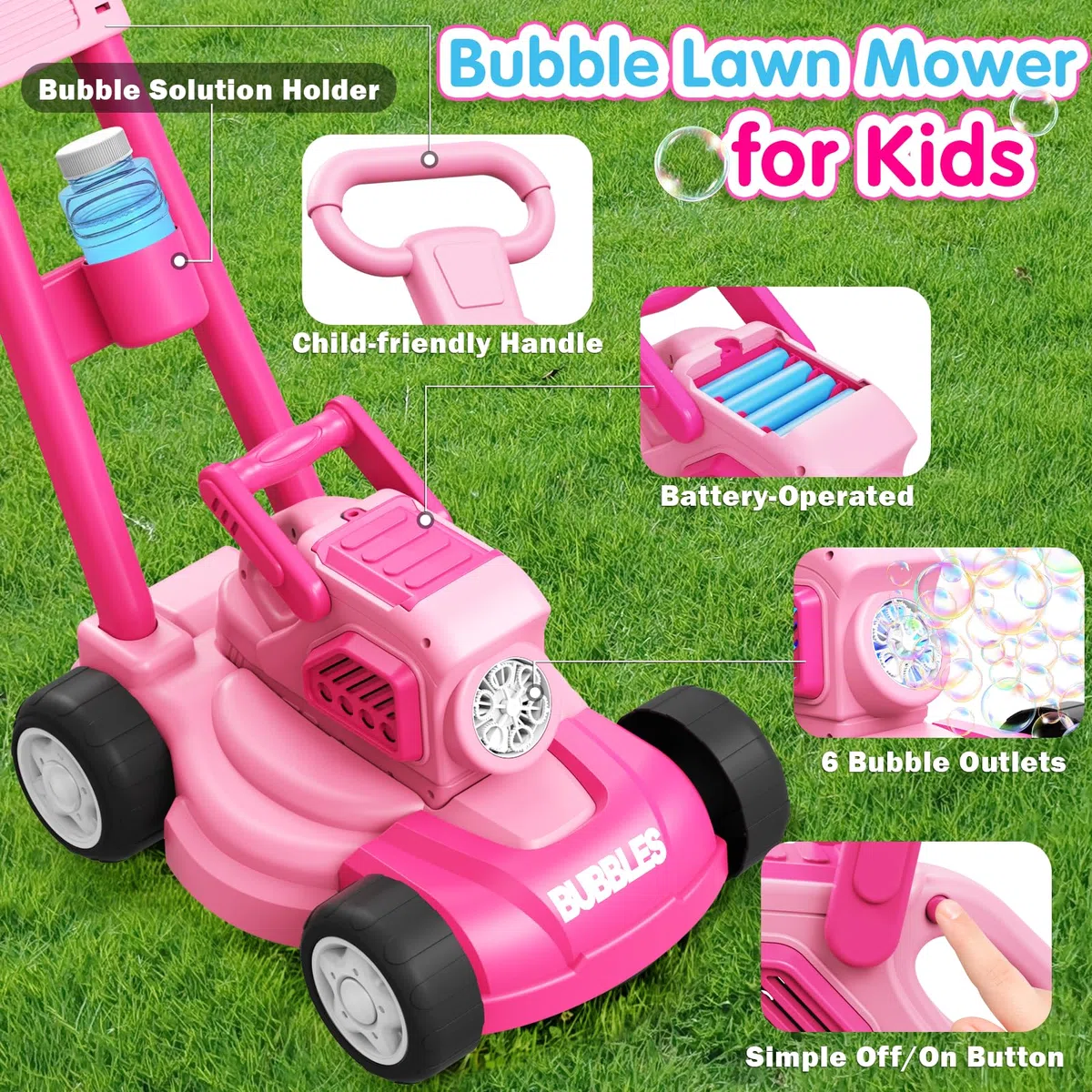 Tosaerba Spara Bolle per Bambini, Macchina per Bolle 3-in-1 con 10 Soluzioni, Giochi all'Aperto per Bambini 3-8 Anni, Regalo di Compleanno Pasqua Estate per Ragazzi e Ragazze 3 4 5 6 7 8 Anni