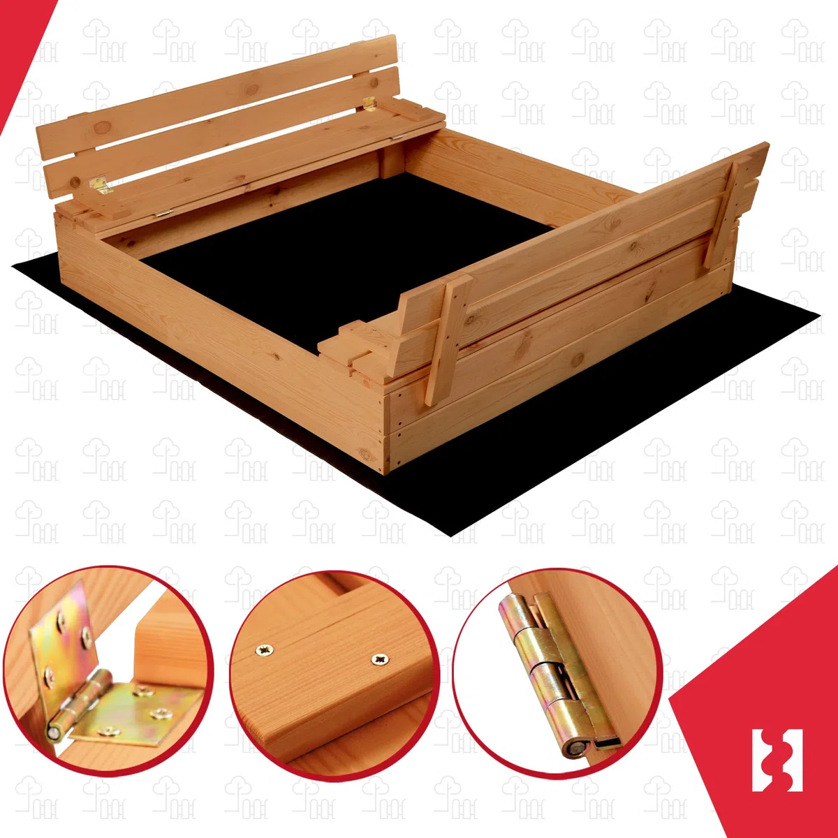 KOTARBAU® Sabbiera per Bambini con Coperchio - Legno di Pino - 120 x 120cm - Marrone - Sabbiera da Giardino per Bambini - con Panche Pieghevoli e Telo Antierba - Impragnato
