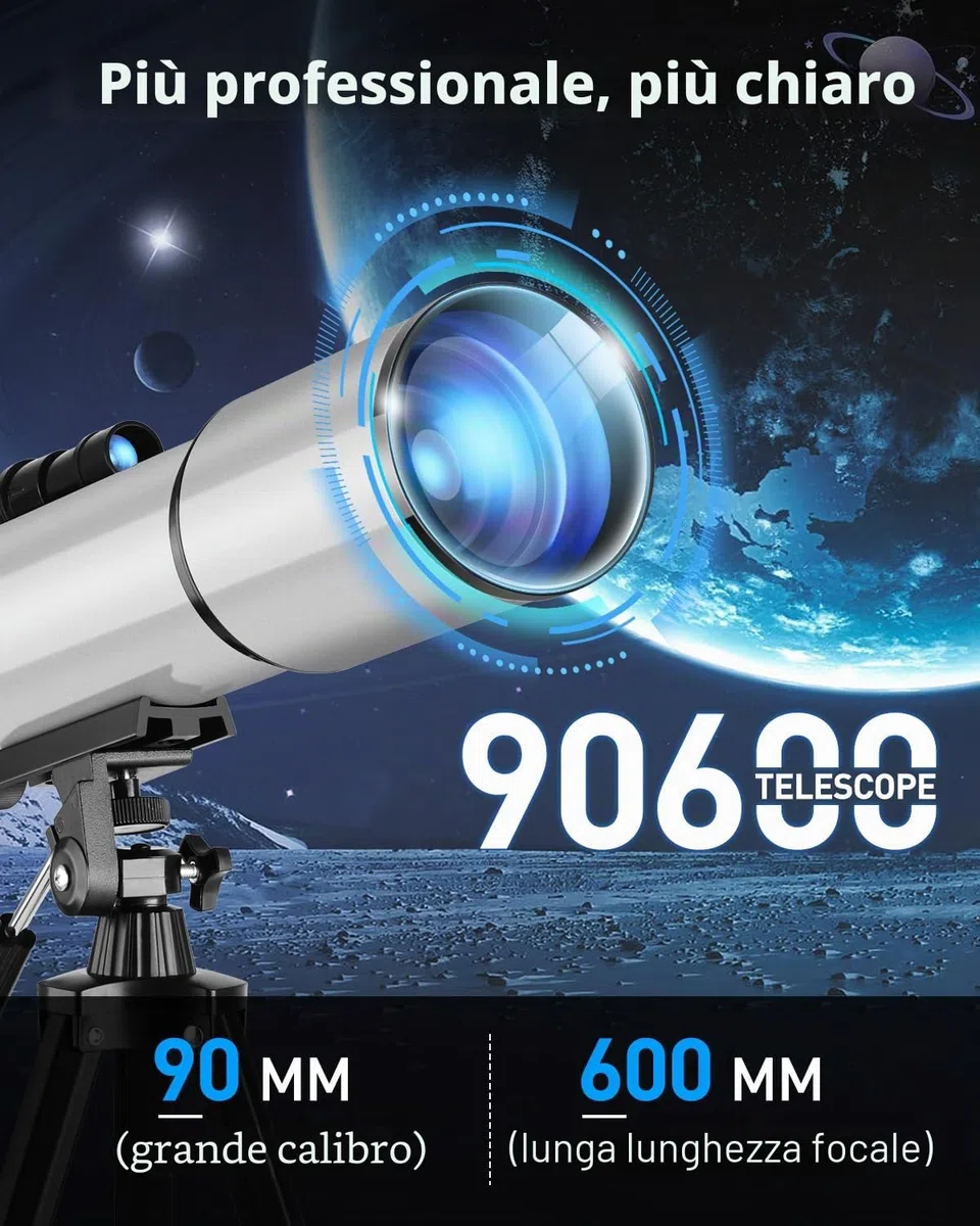 Teleskop Astronomie 90/600mm Telescopio 90 mm Apertura 600 mm Telescopio per Bambini Principianti Telescopiokit Astronomia per Adulti con Zaino e 2 oculari Adattatore Set per astronomia