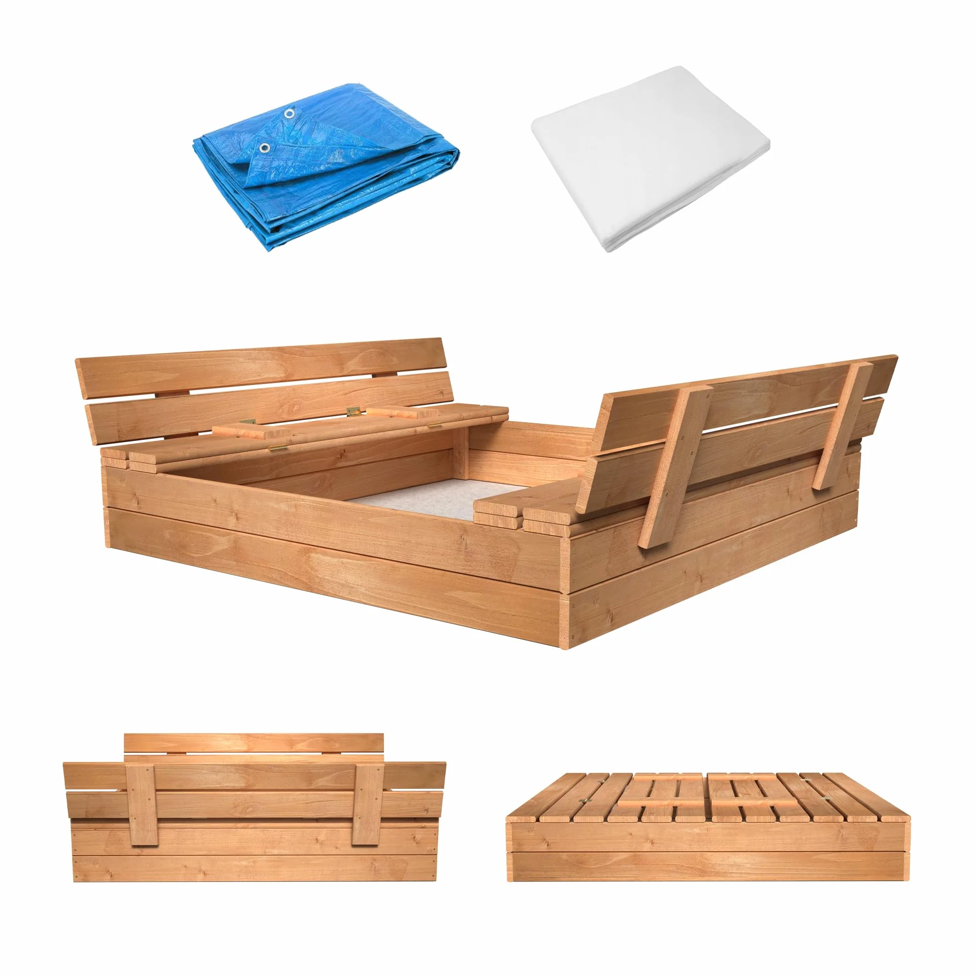 MAMOI Sandbox con coperchio 120 x 120 cm, cassetta di sabbia impregnata con panche in legno, copertura per panchine 150 x 150 cm