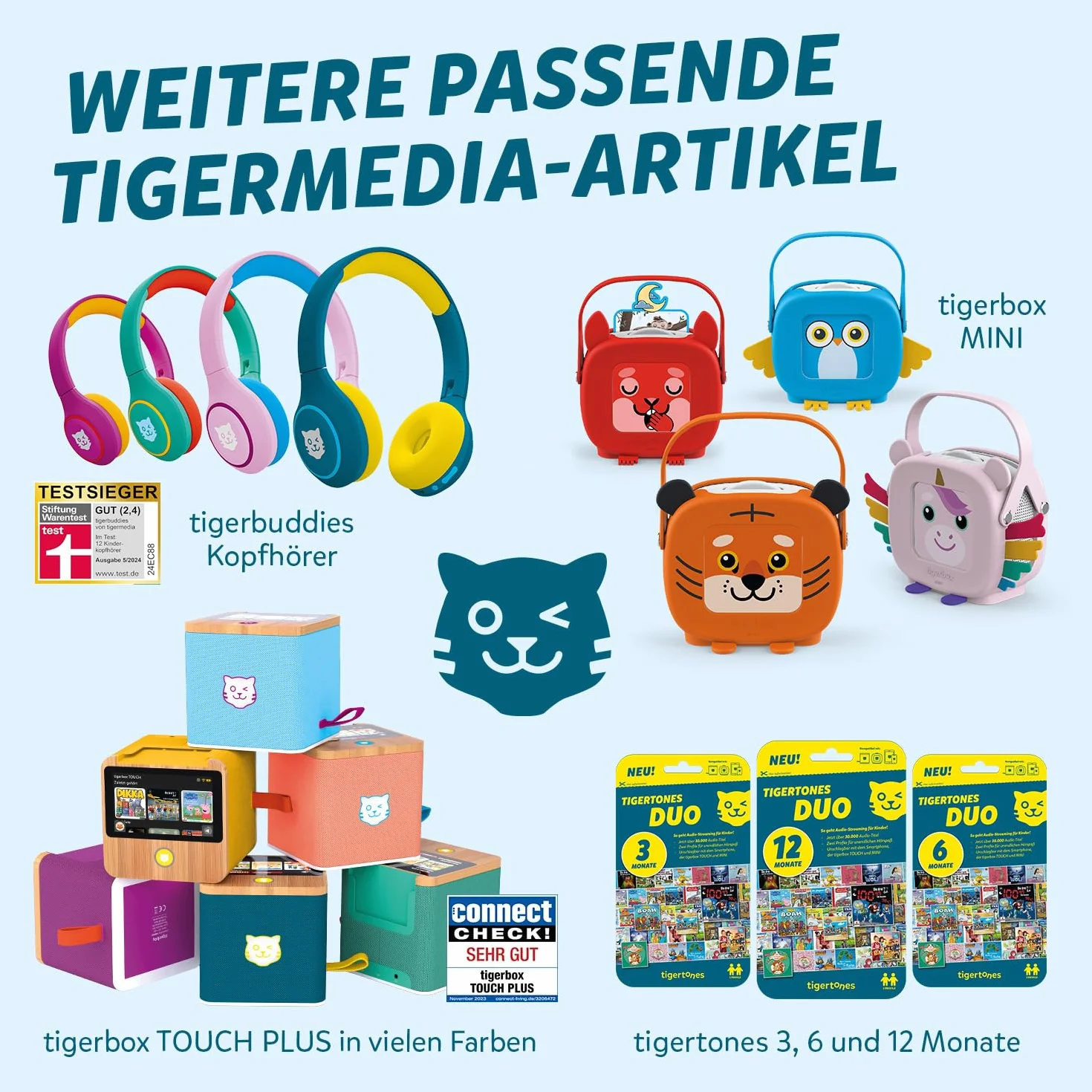 tigermedia tigerbox Touch Plus Miami Sky Azzurro | Audio Stereo per Bambini | Display Touch a Colori | con Luce Notturna | Connettore Cuffie Bluetooth | Batteria Extra Potente