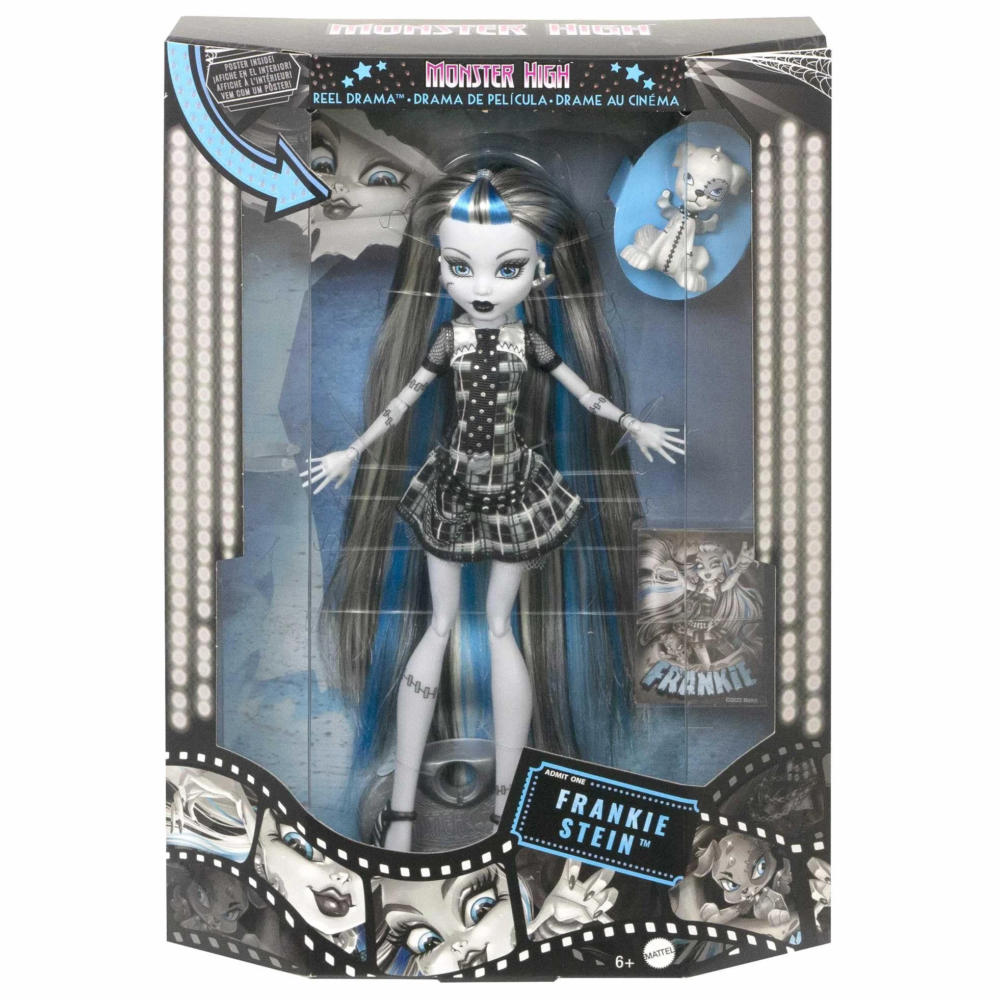 Monster High Reel Drama - Frankie Stein, bambola da collezione in stile bianco e nero con accessori, poster cinematografico a tema film dell'orrore incluso, giocattolo per bambini, 6+ anni, HKN29