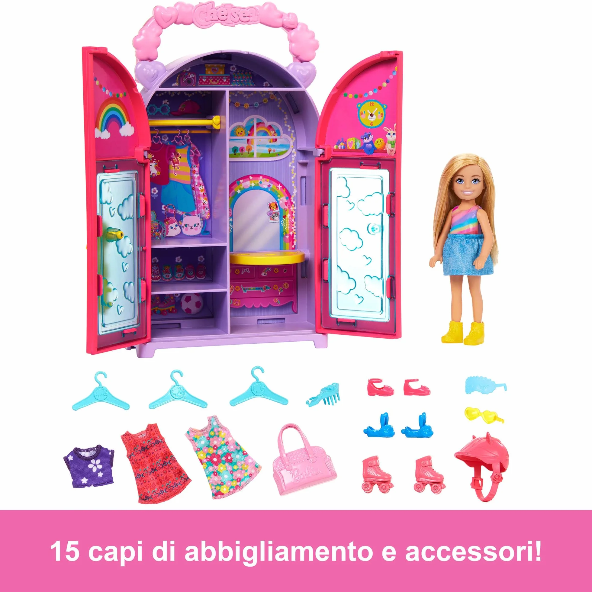 Barbie - Chelsea Playset Armadio, set pieghevole con bambola, armadio e vestiti, include 3 aree di gioco, 4 look completi e 15 accessori, giocattolo per bambini, 3+ anni, HXN03
