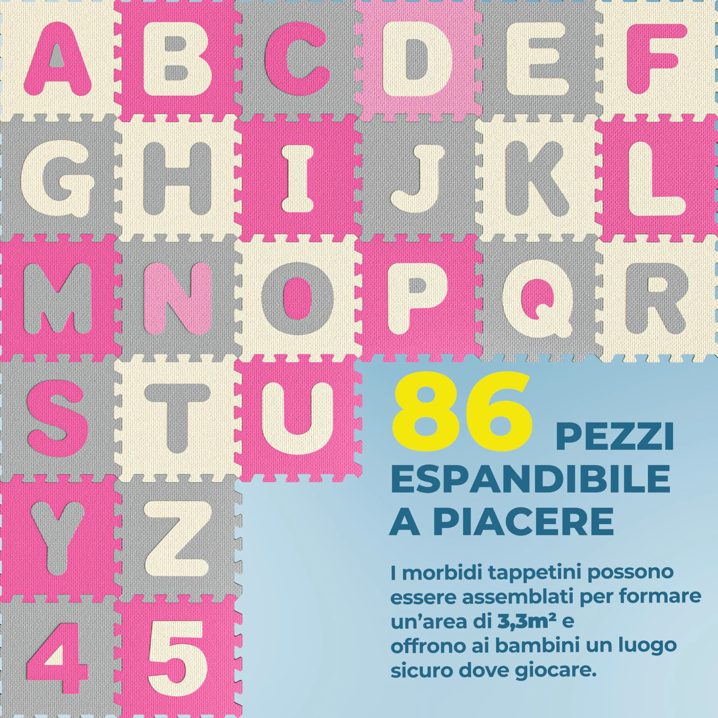 Spielwerk® Tappeto Puzzle XXL 86 Pz per Bambini 3,3m² Tappetino per Gattonare Lettere Numeri Apprendimento Gommapiuma