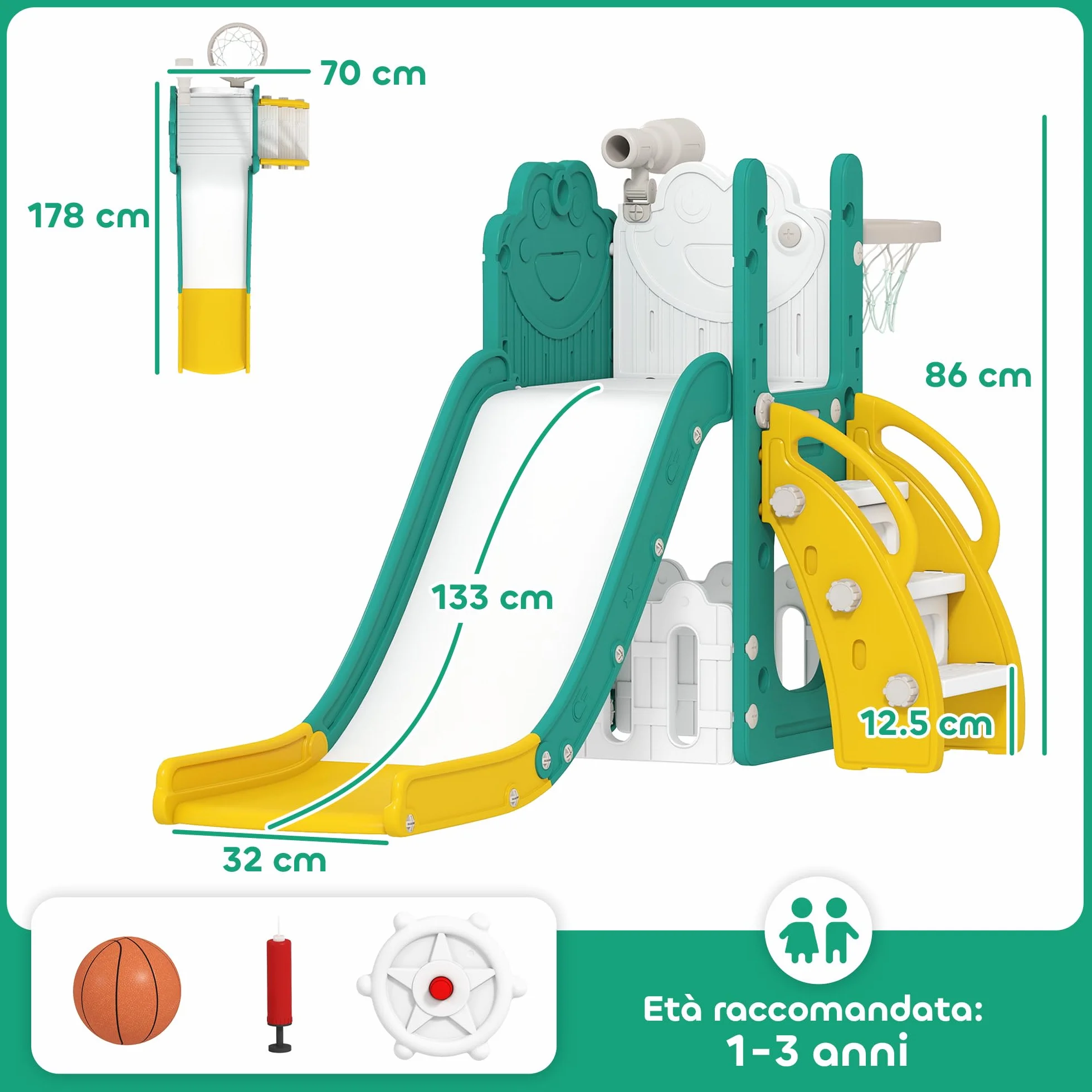 AIYAPLAY Set Scivolo per Bambini 5 in 1 con Canestro, Scaletta, Telescopio Giocattolo e Contenitori, Giochi per Bambini da Interno ed Esterno Età 1-3 Anni, Giallo