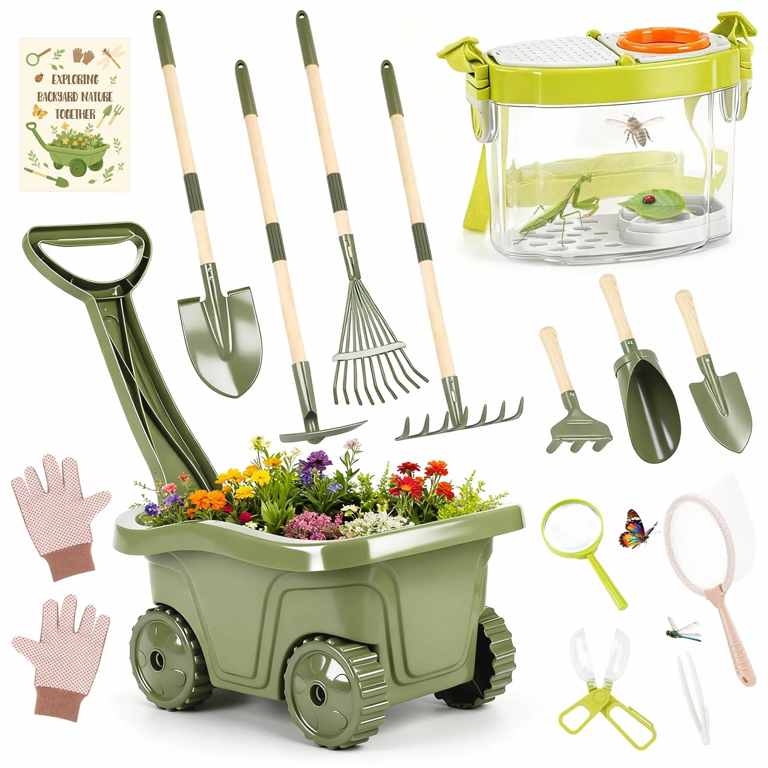 Dreamon Carriola per Bambini 17PCS – Set Giardinaggio Bambini con Attrezzi Lunghi e Corti, Guanti, Kit Esplorazione con Scatola Insetti, Retino, Lente d’Ingrandimento – Gioco Educativo Esterno 3+ Ann