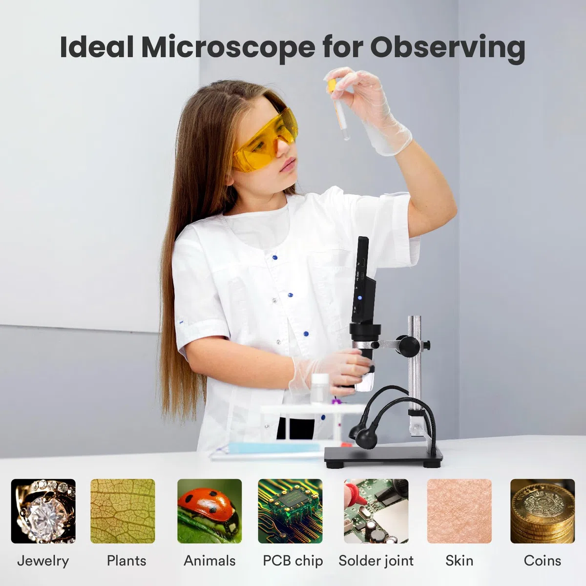 Matatastudio Microscopio digitale MT2 1200X HDMI con schermo IPS HD da 7'', Microscopio di saldatura con lente d'ingrandimento per monete 1080P per bambini e adulti, 10 luci LED, compatibile con