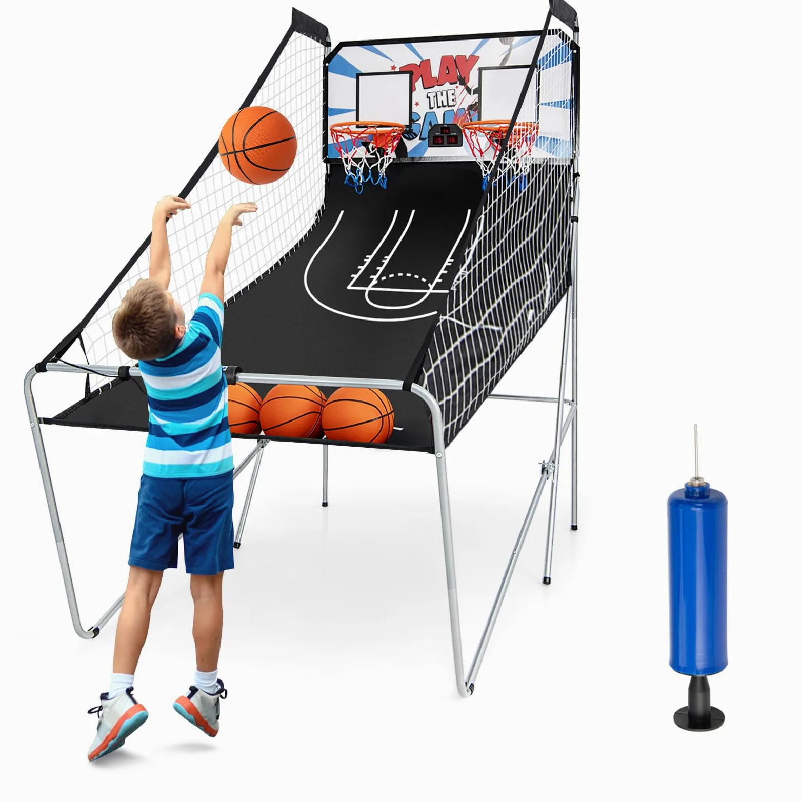 LIFEZEAL Gioco Arcade di Pallacanestro pieghevole, doppio cestino da Basket con 8 modalità di gioco e contatore per 2 persone, rete di sicurezza, telaio in metallo, 4 palloncini, 1 pompa
