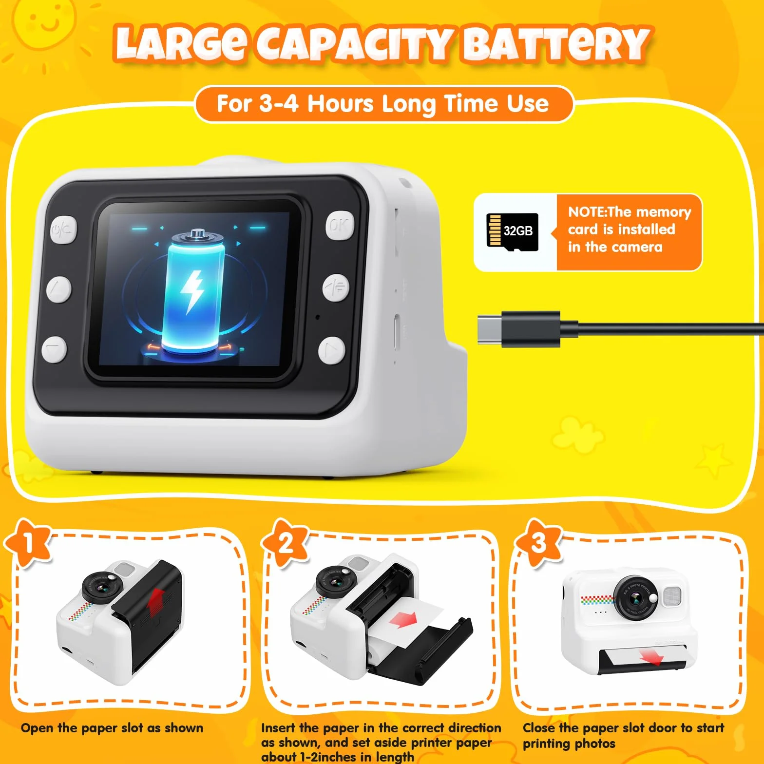 HiMont Fotocamera Istantanea Bambini HD 1080P con Scheda 32GB e 3 Rotoli Carta Stampa Regalo 3-14 Anni