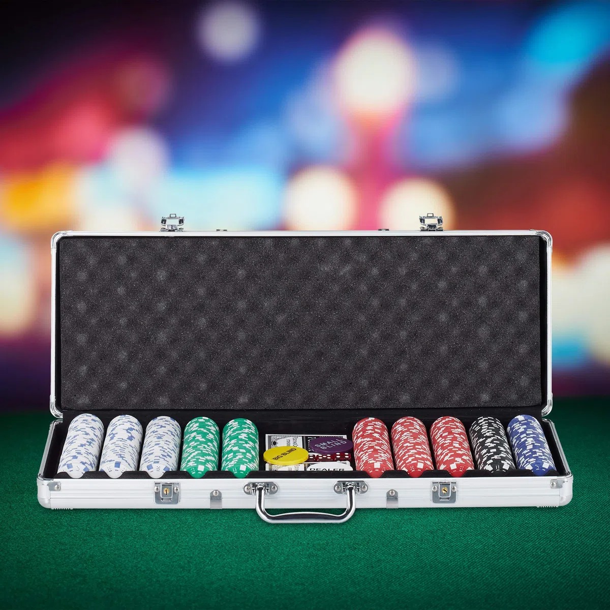 Relaxdays Valigetta Poker, 500 Chips Laser, 2 Mazzi di Carte, 5 Dadi, Dealer, Richiudibile & Portatile,Alluminio,Argento