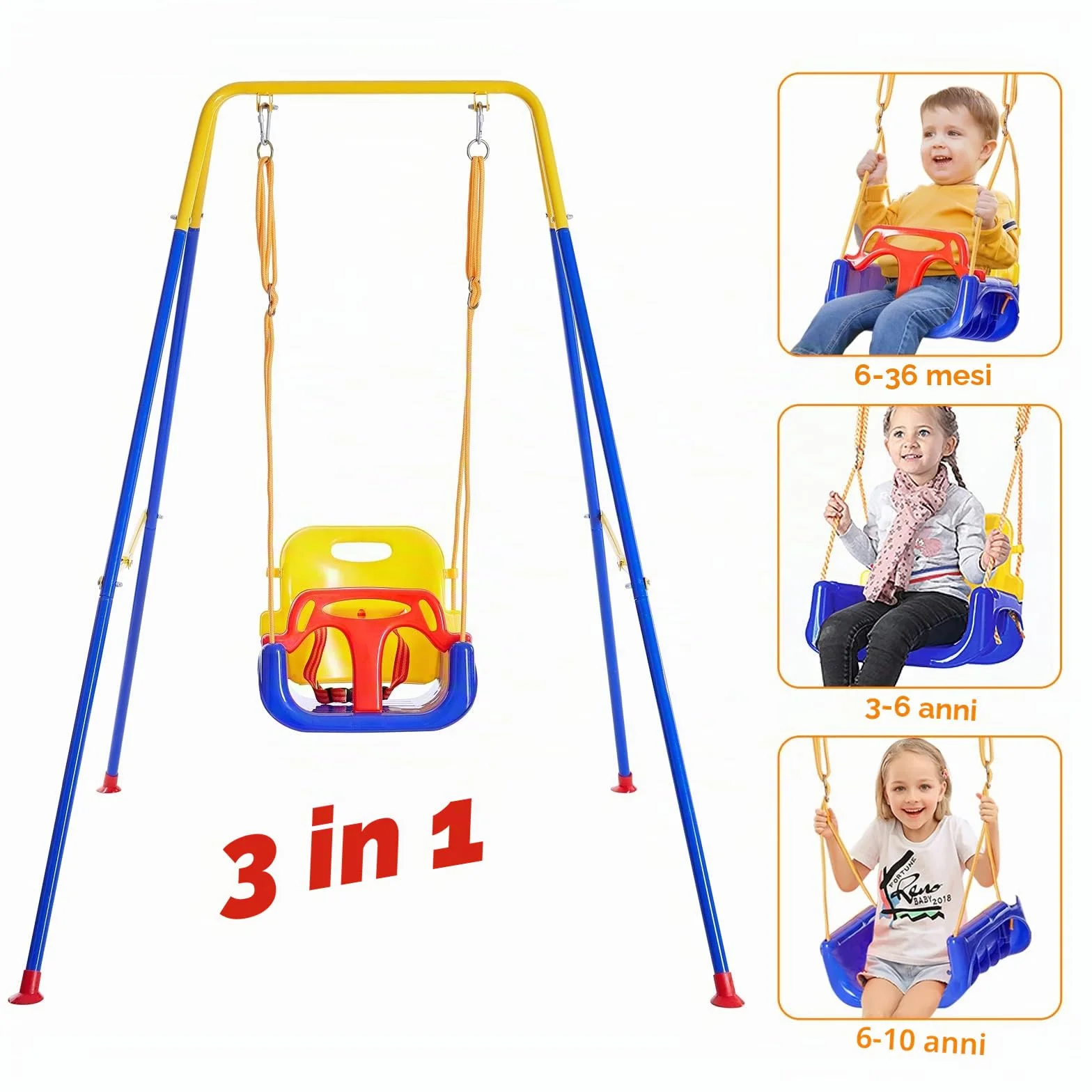 FUNLIO 3-in-1 Altalena per Bambini & 4 Sacchi di Sabbia, Resistente per Cortile, Altalena per Bambini Indoor/Outdoor, Supporto in Metallo Pieghevole e Istruzioni Chiare, Facile da Montare e Conservare