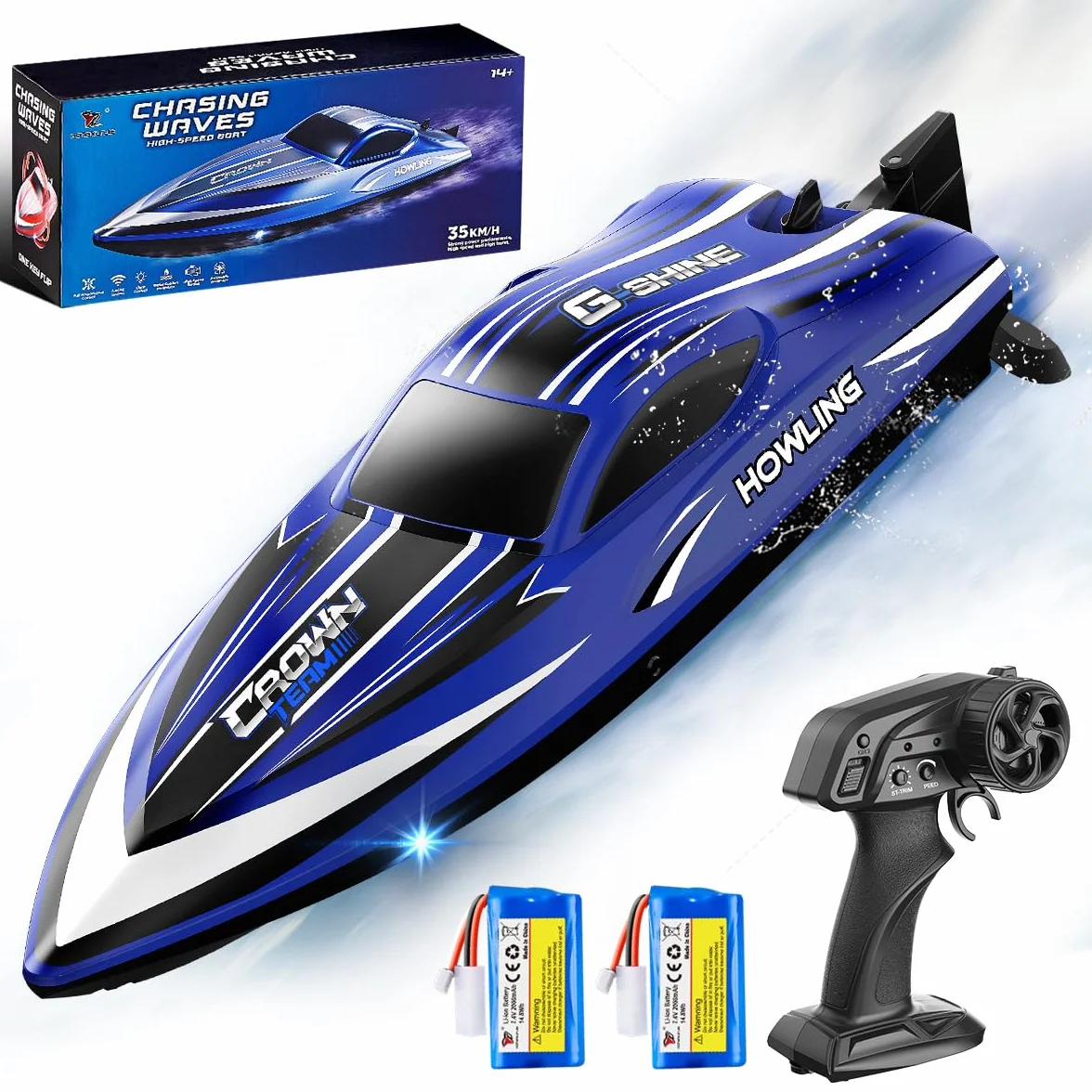Barca Telecomandata 35 km/h con LED, Funzione Flip, Raffreddamento ad Acqua, Allarme Batteria Scarica e Distanza, 2 Batterie, Impermeabile, 2.4 GHz, per Bambini e Adulti, per Lago e Piscina