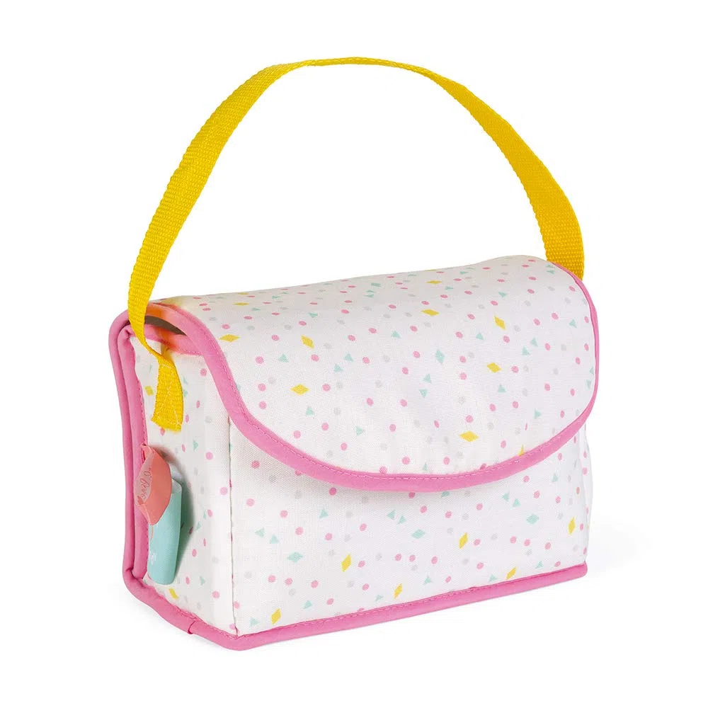 Janod - Borsa Fasciatoio - Giocattolo in Legno e Tessuto - Borsa Cambio Neonato da Bambola - Fasciatoio per Bambole Completo - 8 Accessori + Bavaglino, Pannolino, Biberon - Da 2 Anni, J06501
