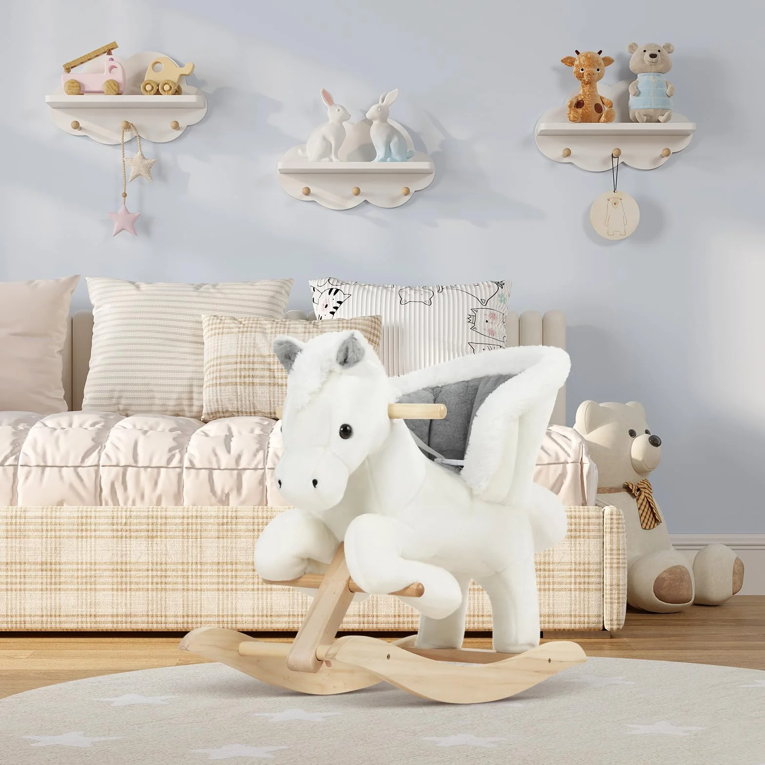 WOLTU Cavallo a Dondolo in Legno per Bambini 1-3 Anni, Cavalluccio in Peluche Cavalcabile con Suoni, Cintura di Sicurezza e Schienale Alto, Giocattolo Regalo per Bambino e Bambina, Bianco e Grigio