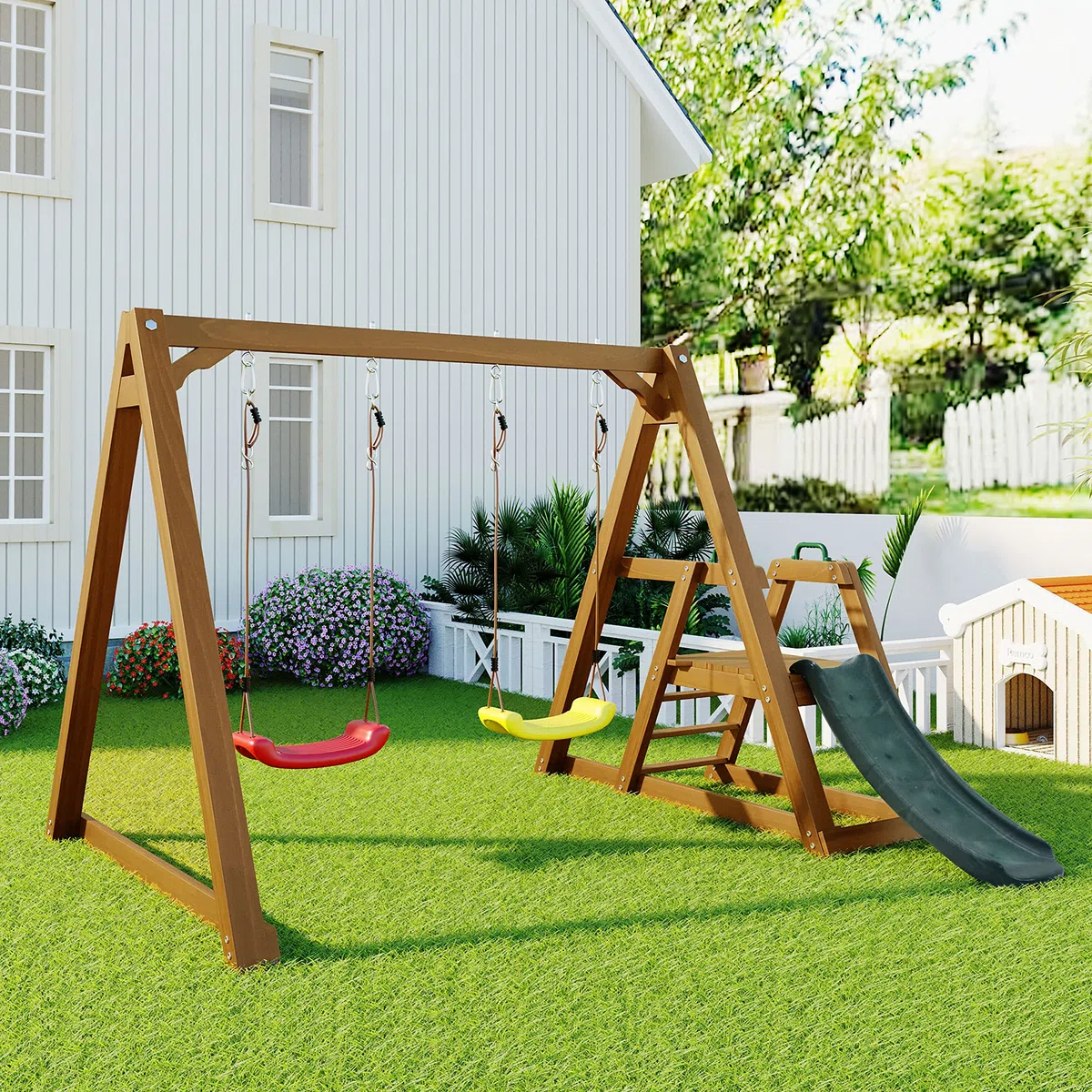 Altalena Doppia per Bambini con Scivolo e Scaletta, Struttura in Legno Massello per altalena da Esterno, Altalena per Due Persone 238,5 x 240 x 168,9 cm