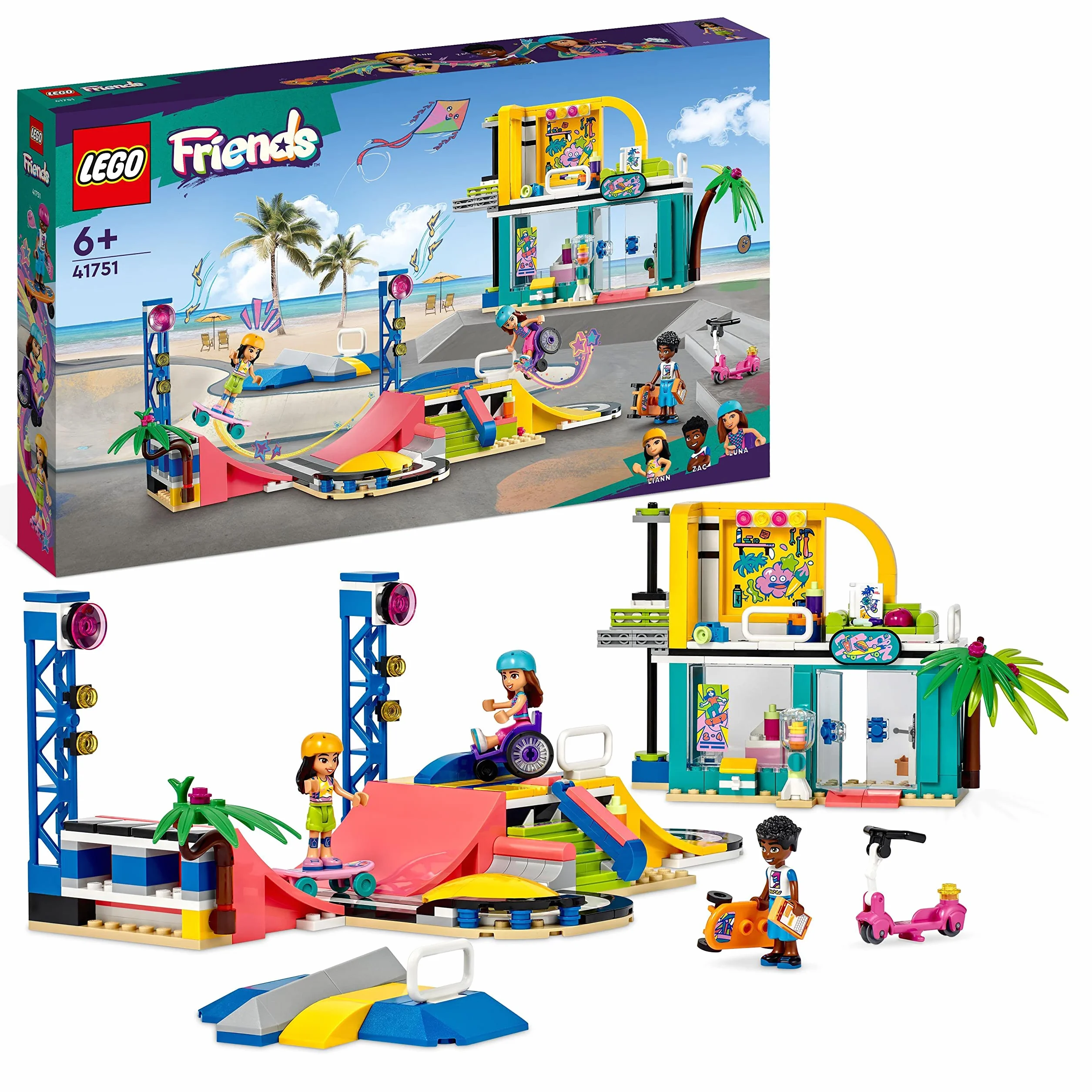 LEGO Friends Skate Park, Set con Rampa da Skateboard, Giochi per Bambine e Bambini dai 6 Anni con Personaggi 2023, Monopattino e Sedia a Rotelle 41751