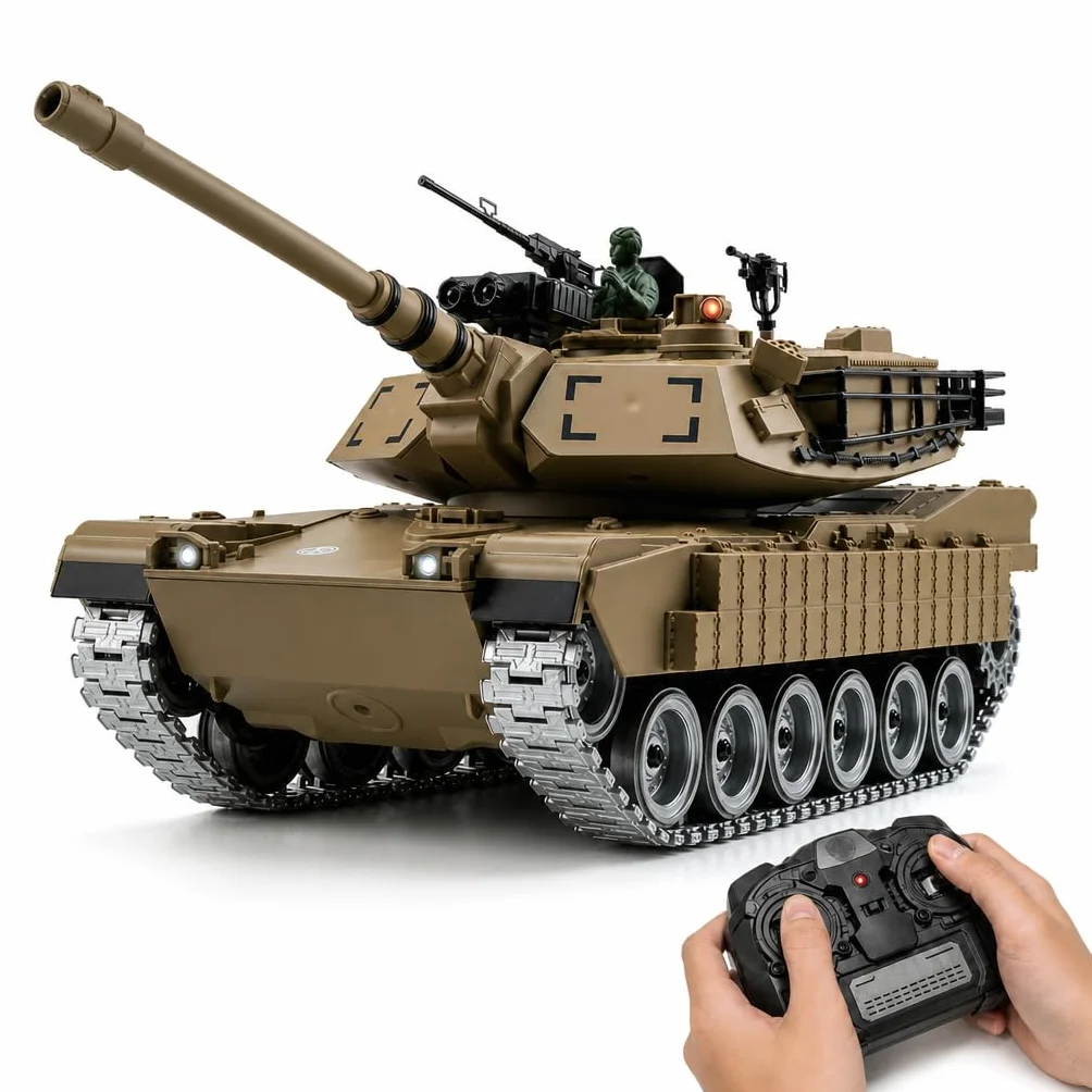 Carro Armato Telecomandato M1A2 1:18 – Cingoli Fumo Suono Luci Tiro Acqua 2.4GHz | Tank RC Giocattolo Militare Regalo Bambino 8 Anni | Kit Completo