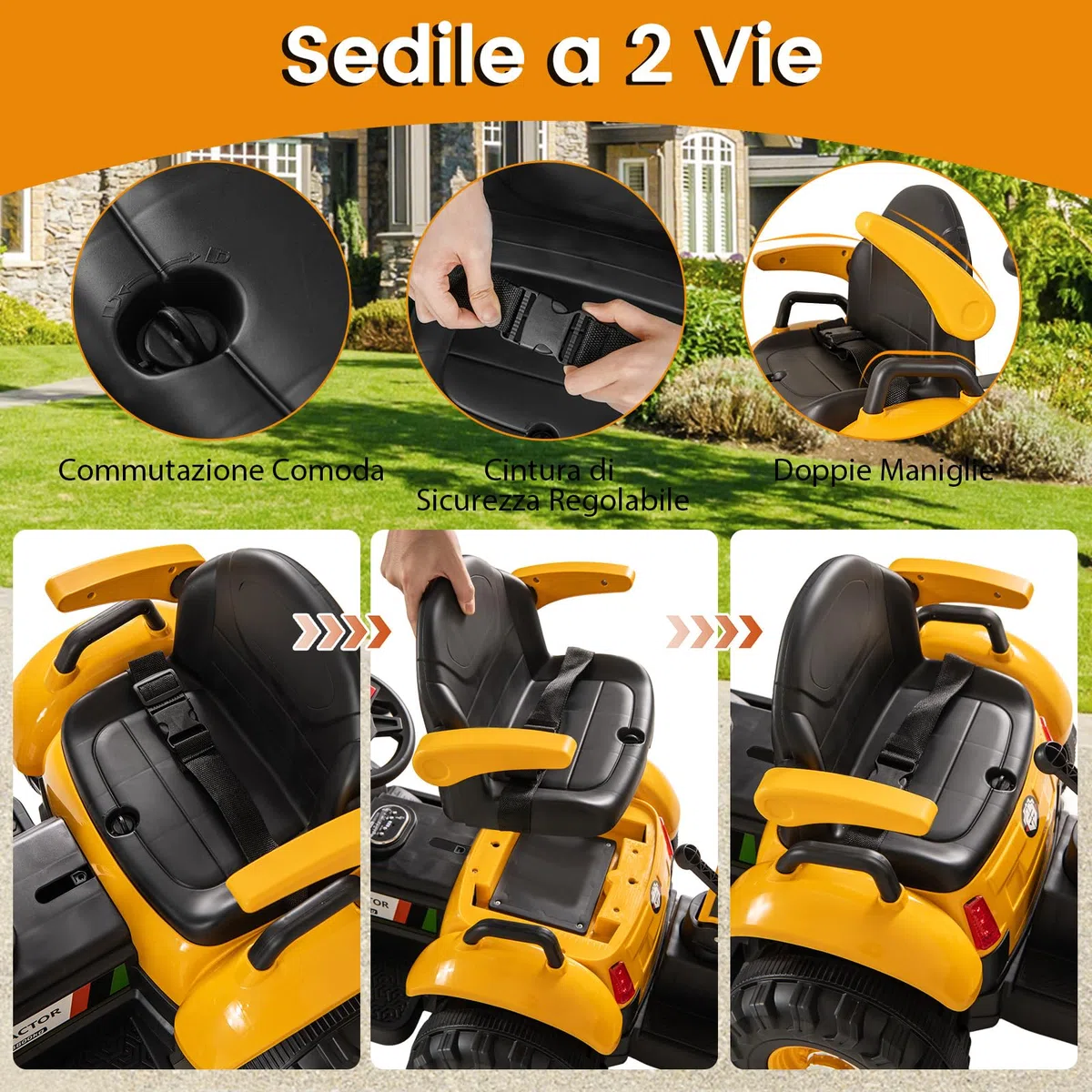 COSTWAY 4 in 1 Trattore Elettrico per Bambini 3-8 Anni con Telecomando, Rimorchio e Cucchiaia Staccabile, Doppi Motori Giallo