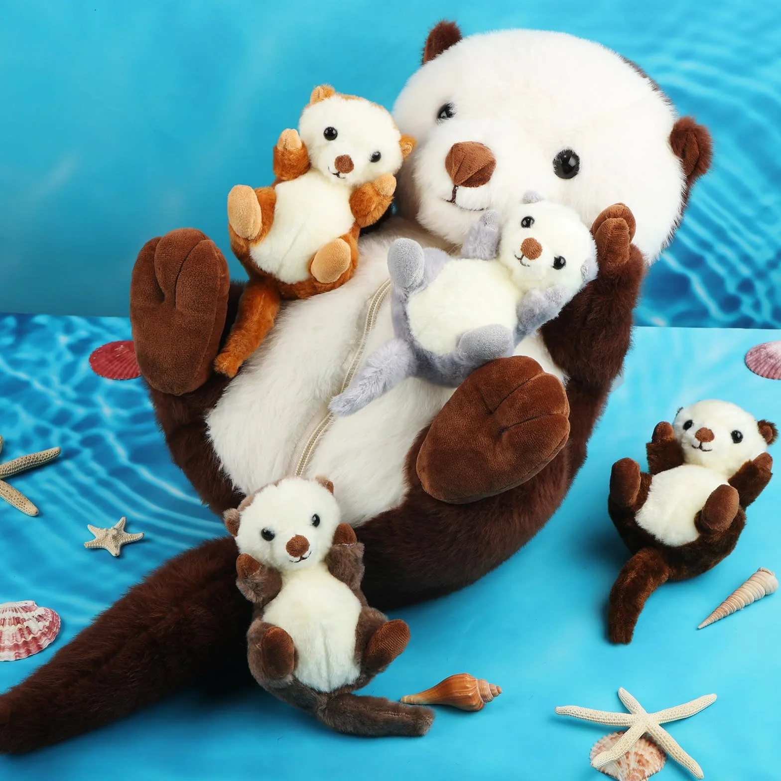 5 Pezzi Set di Animali di Peluche Mamma Lontra Marina con 4 Teneri Cuccioli nella Pancia Peluche 16,5 Pollici Lontra Marina Morbido e Coccoloso con Cerniera per Bambino Compleanno Natale