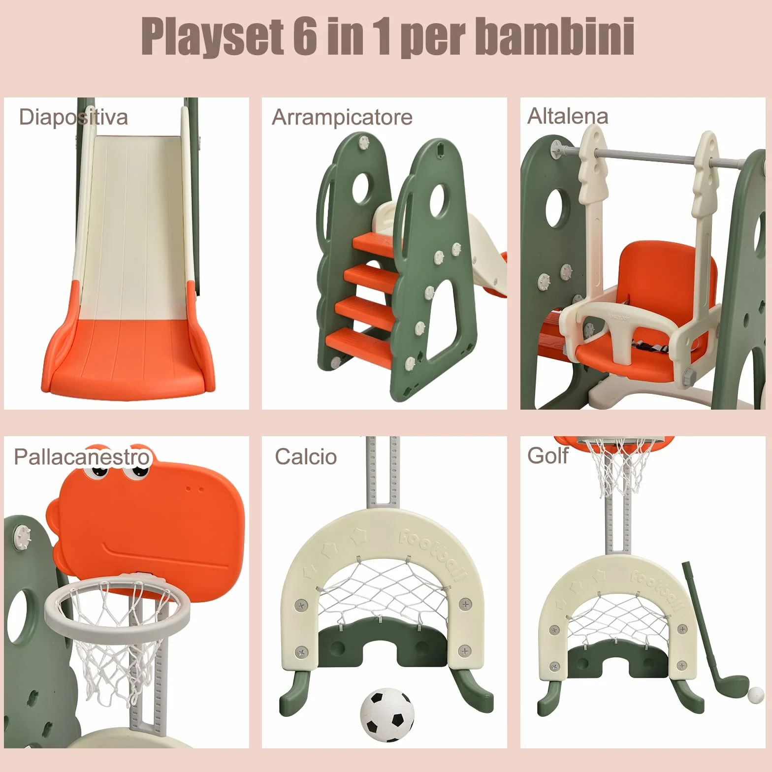 COSTWAY 6 in 1 Parco Giochi per Bambini, con Altalena Scivolo Canestro da Basket Golf, Parco Giochi per Bambini da Esterno ed Interno, 172x182x108-120cm, 18 Mesi+ (Arancione)