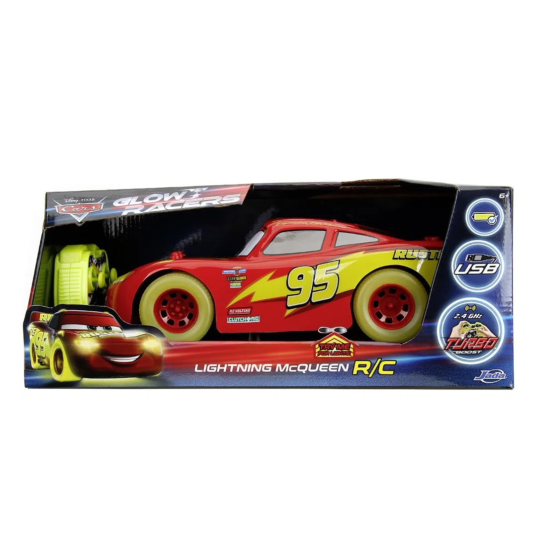 Jada - Disney Cars Glow Racer RC Lightning McQueen scala 1:14, Auto Radiocomandata 31 cm con Luci e Effetti Glow in the Dark, 2,4 GHz, Funzione Turbo, Batteria Ricaricabile USB, +6 Anni, 9335563314R00