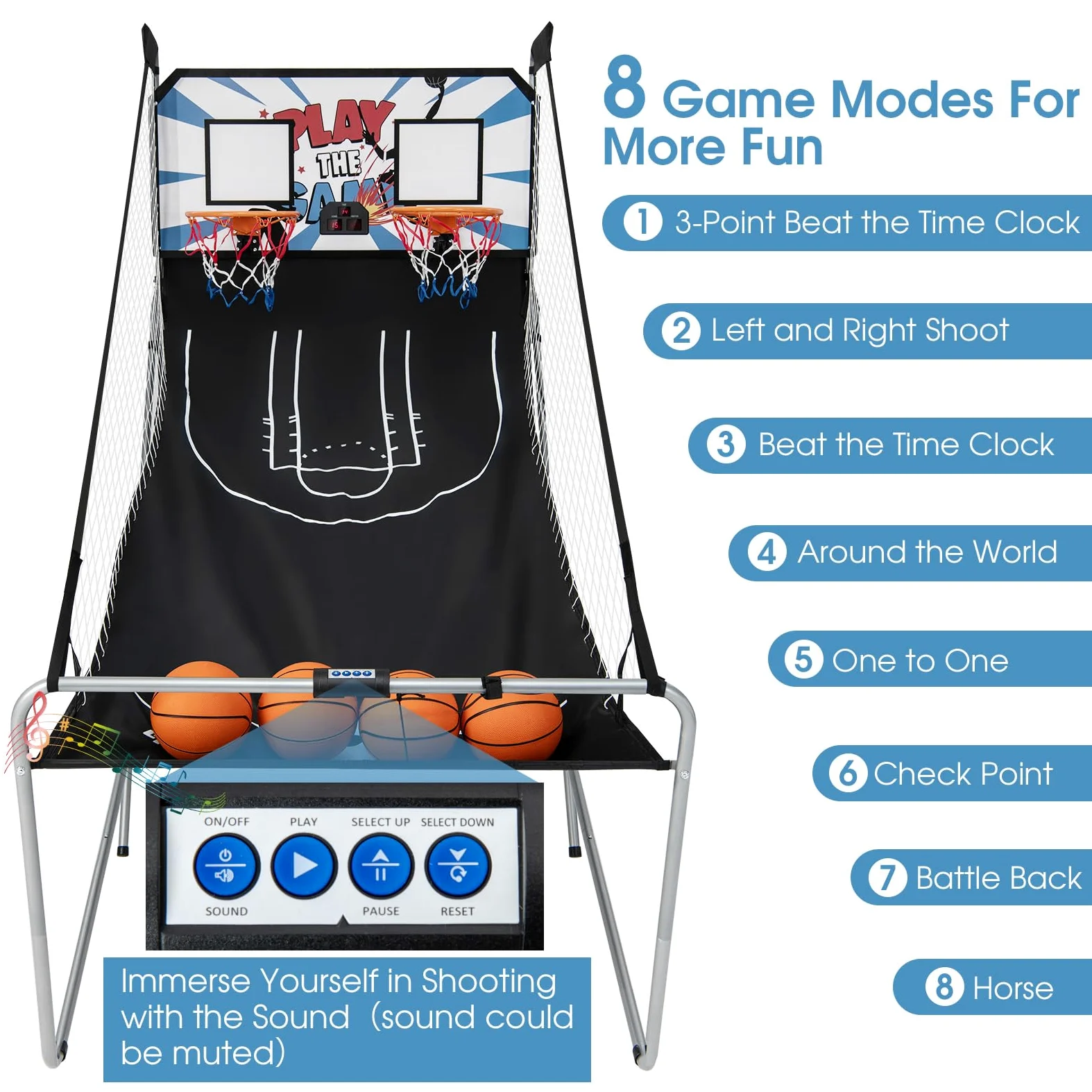 LIFEZEAL Gioco Arcade di Pallacanestro pieghevole, doppio cestino da Basket con 8 modalità di gioco e contatore per 2 persone, rete di sicurezza, telaio in metallo, 4 palloncini, 1 pompa