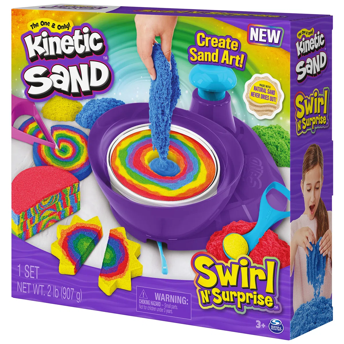 Kinetic Sand |Set Gioco Swirl N' Surprise |Sabbia Colorata in 4 variazioni | Sabbia cinetica 907gr | Sabbia Magica da Modellare | 4 Accessori e Mixer |Giocattoli per Bambini e Bambine 3 Anni