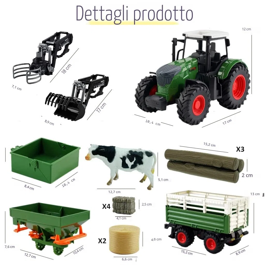 Trattore agricolo Veicoli Trattore Rimorchio con pinza di presa Balla rotonda Caricamento frontale Rimorchio ribaltabile Spandiconcime con Giocattoli Agricoltura Playset per ragazzi bambini