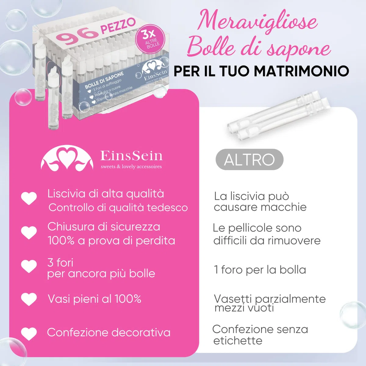 EinsSein 96x Bolle di sapone matrimonio Vetro d’amore Box bianco wedding bubbles sposi nozze festa compleanno battesimo decorazioni tavolo regalo