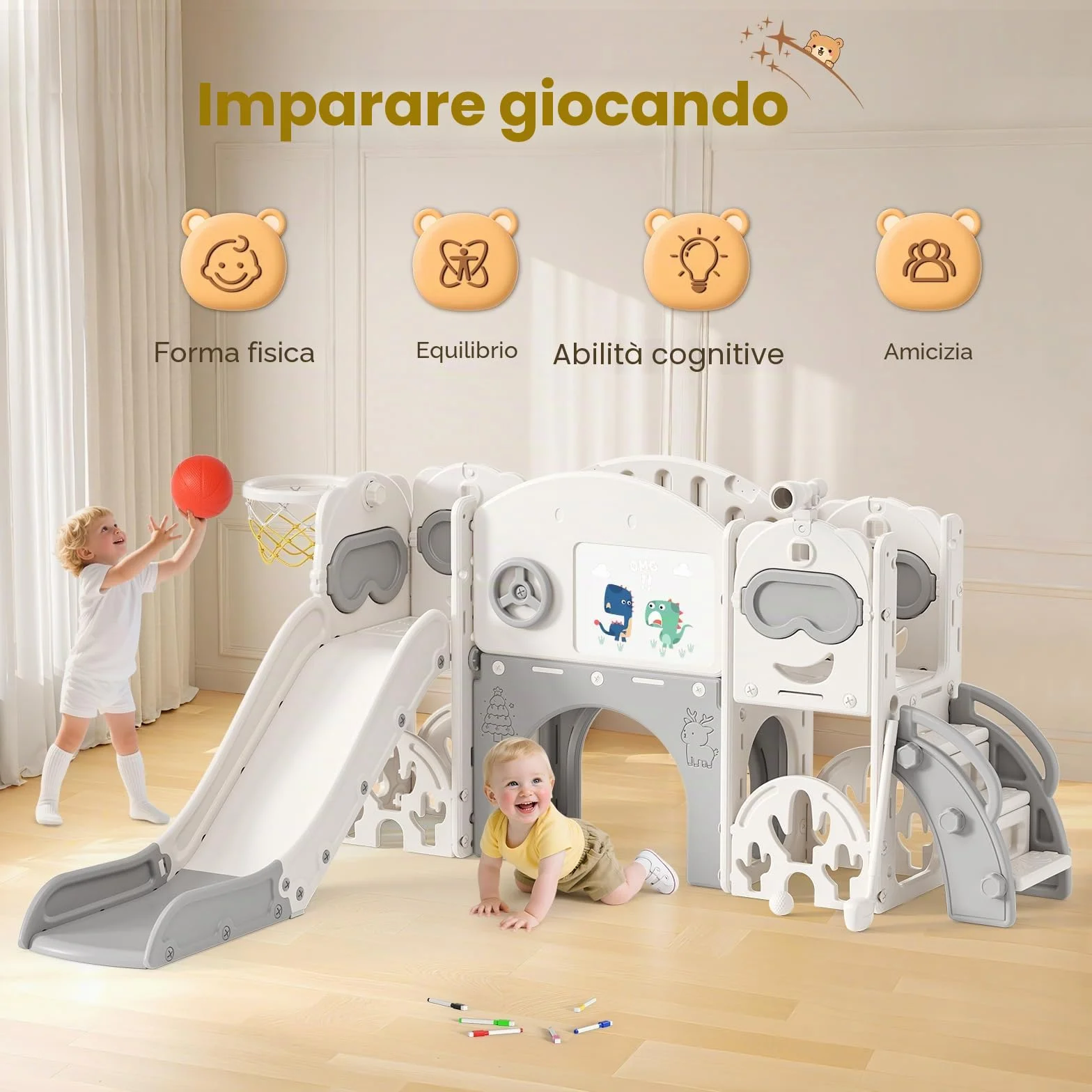 Scivolo per bambini 11 in 1, scivolo per bambini da interno ed esterno con canestro da grande con cestino da basket, telaio da arrampicata per giardino, spazio di archiviazione