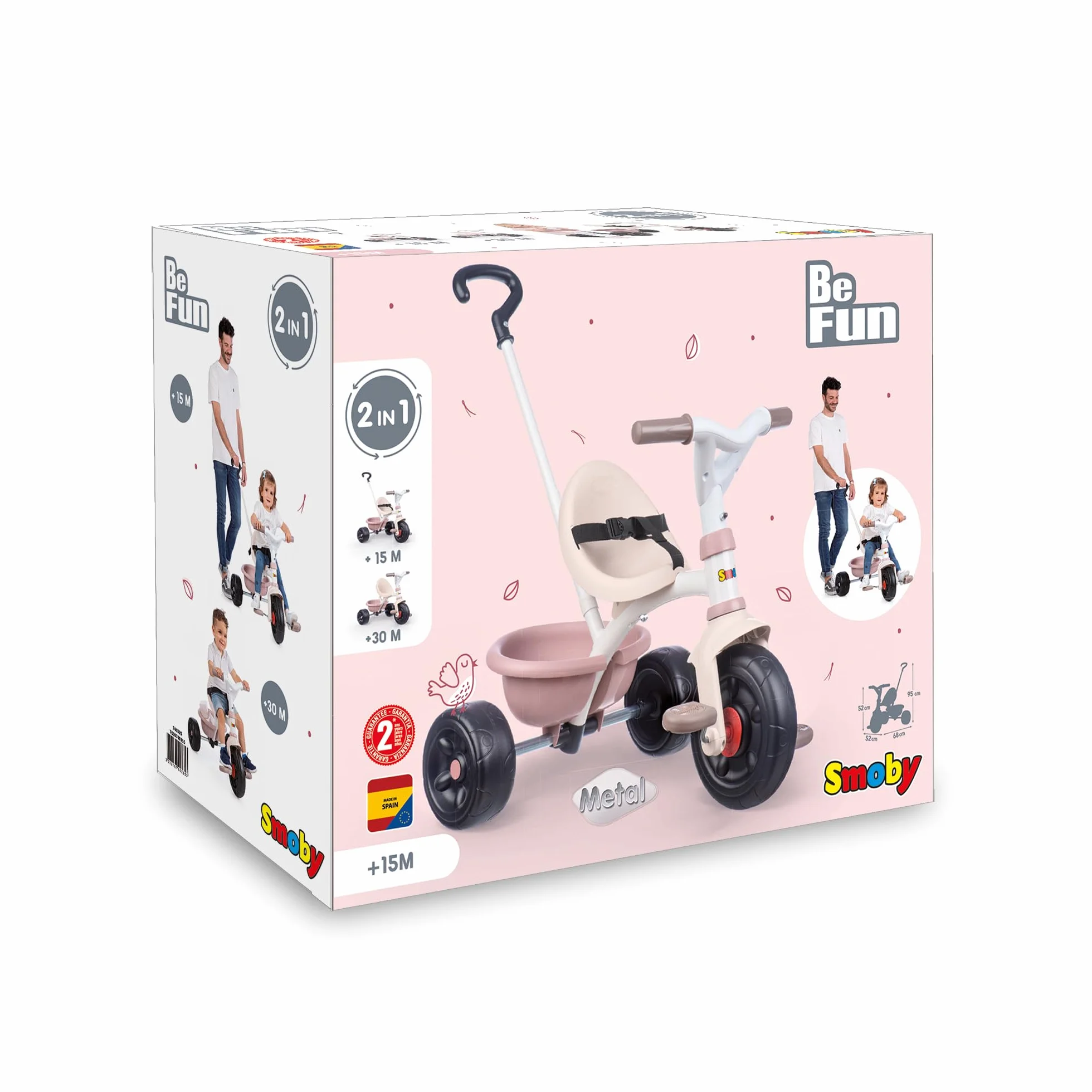 Smoby - Triciclo Be Fun Rosa, 7600740335, evolutivo, con struttura in metallo, asta parentale removibile, + 15 mesi