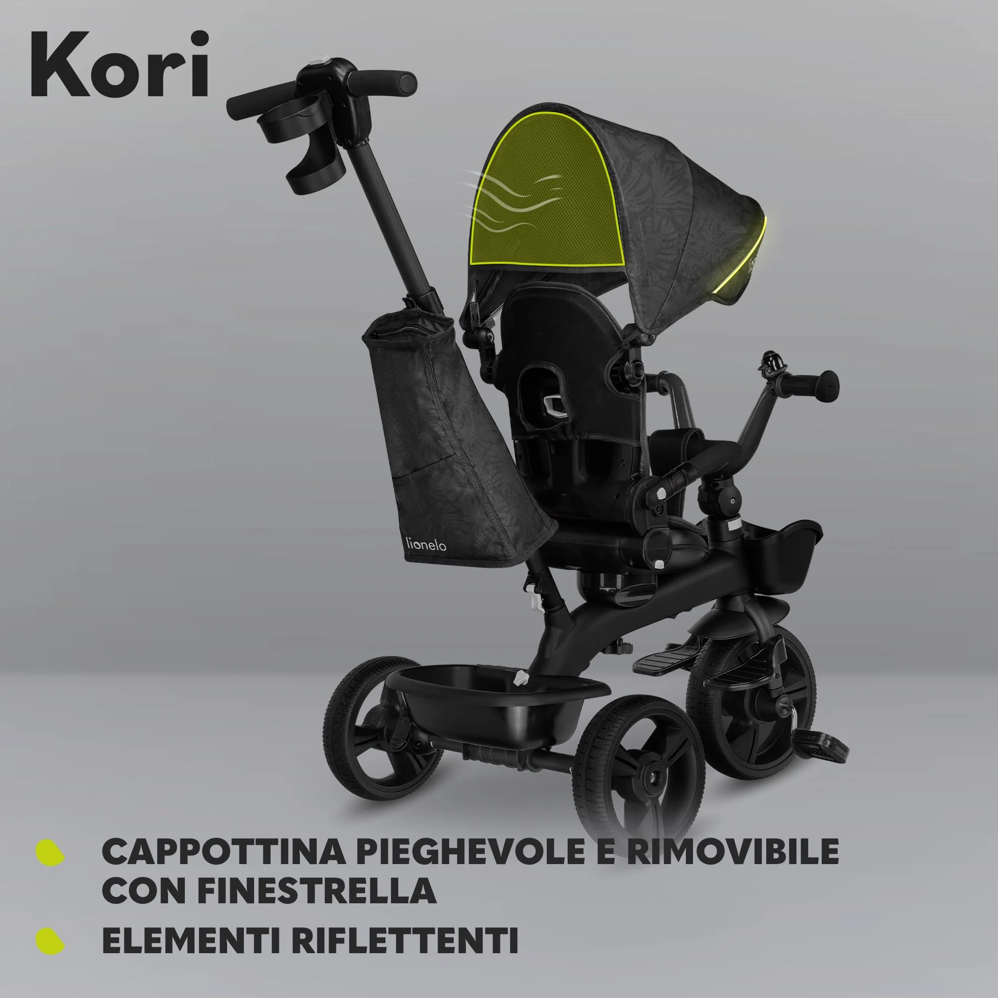LIONELO Kori Triciclo Evolutivo per Bambini da 1.5 Anni fino a 25 kg Sedile Girevole 360° Telaio ultraleggero in lega di magnesio, Pneumatici resistenti, Maniglione per genitori e Accessori