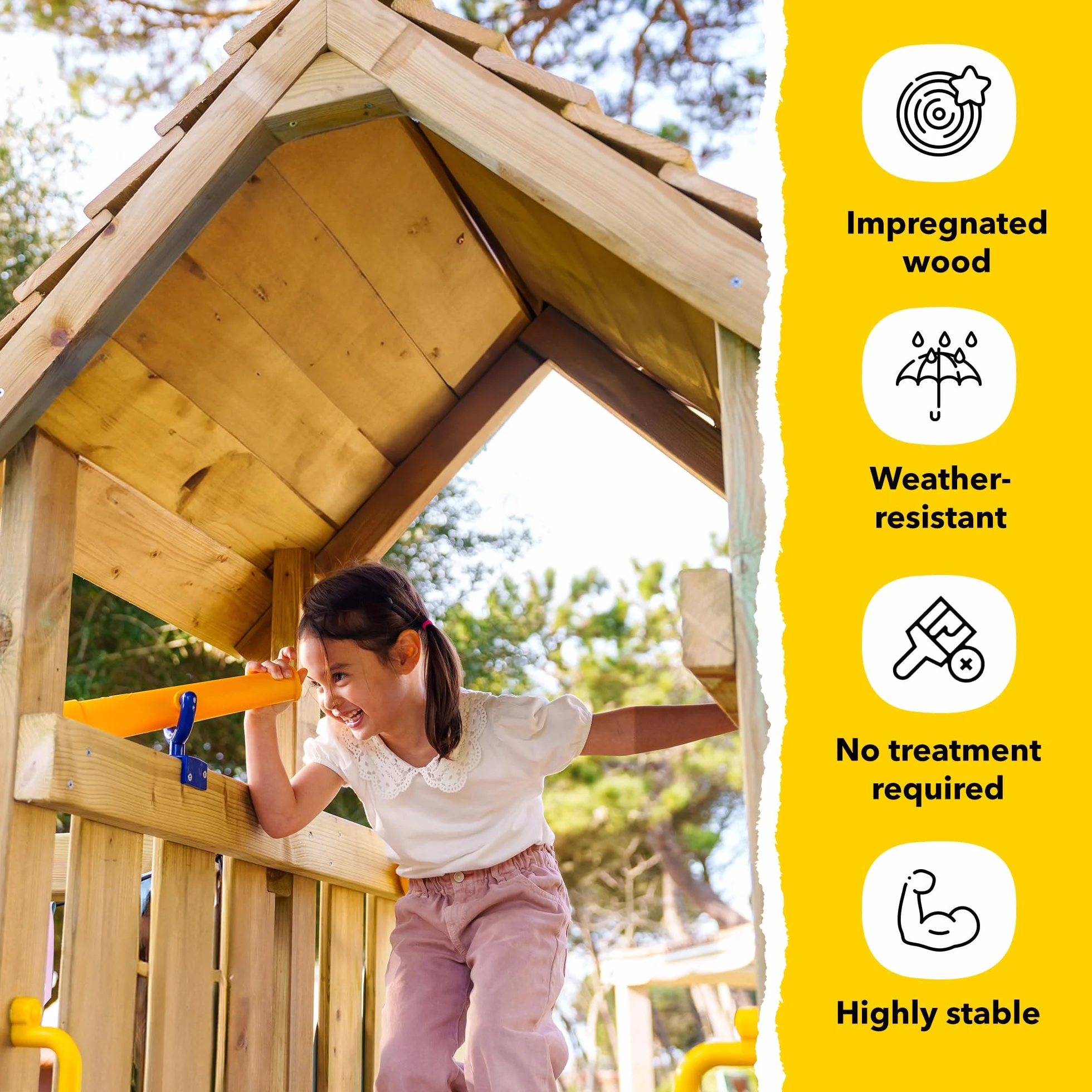Gioco da giardino WICKEY RocketFlyer con tetto in legno, altalena e scivolo, struttura da esterno per bambini con sabbiera, scaletta e accessori da gioco - verde pastello