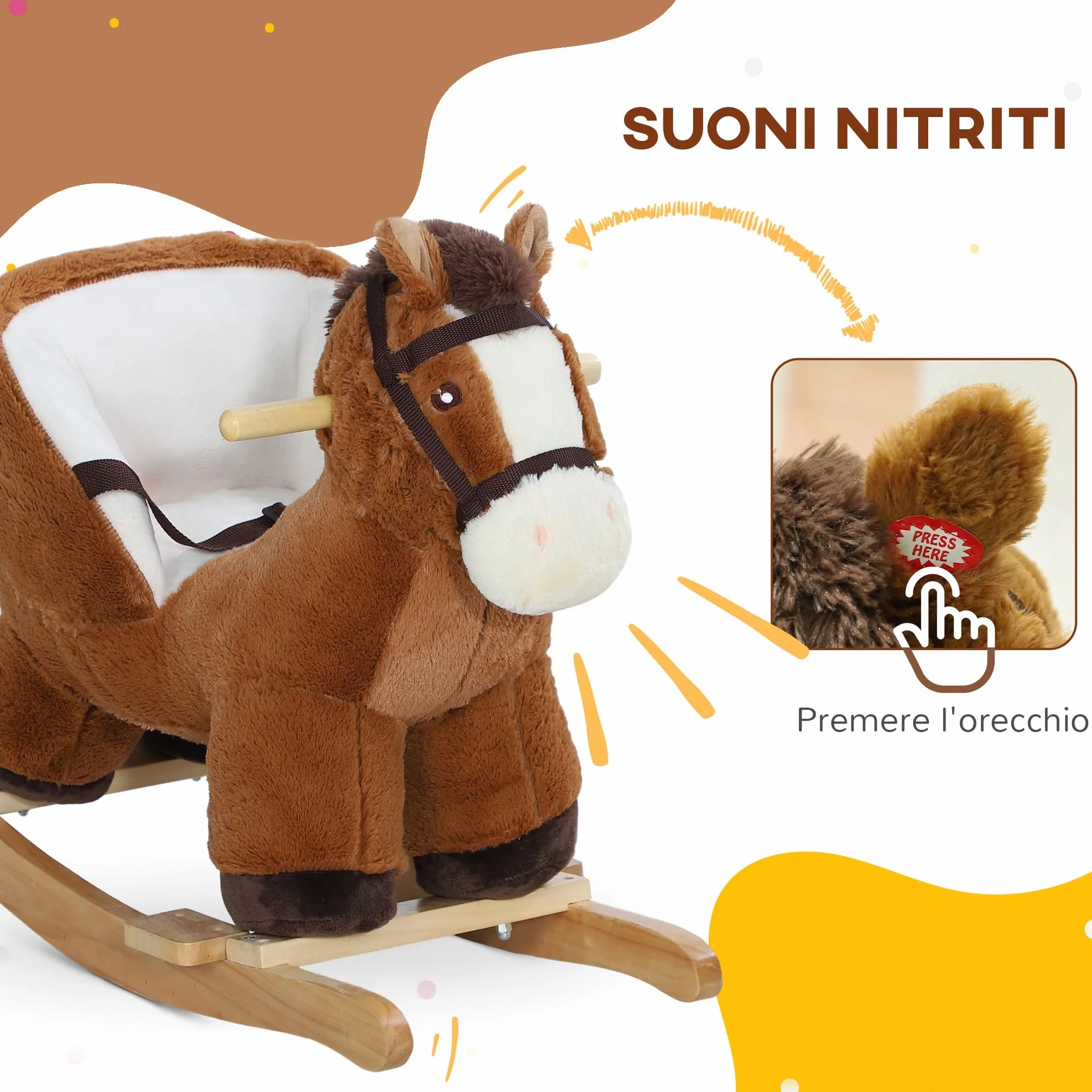 AIYAPLAY Cavallo a Dondolo per Bambini 18-36 Mesi, Cavallino in Peluche con Suoni, Base in Legno e Cintura di Sicurezza, Marrone