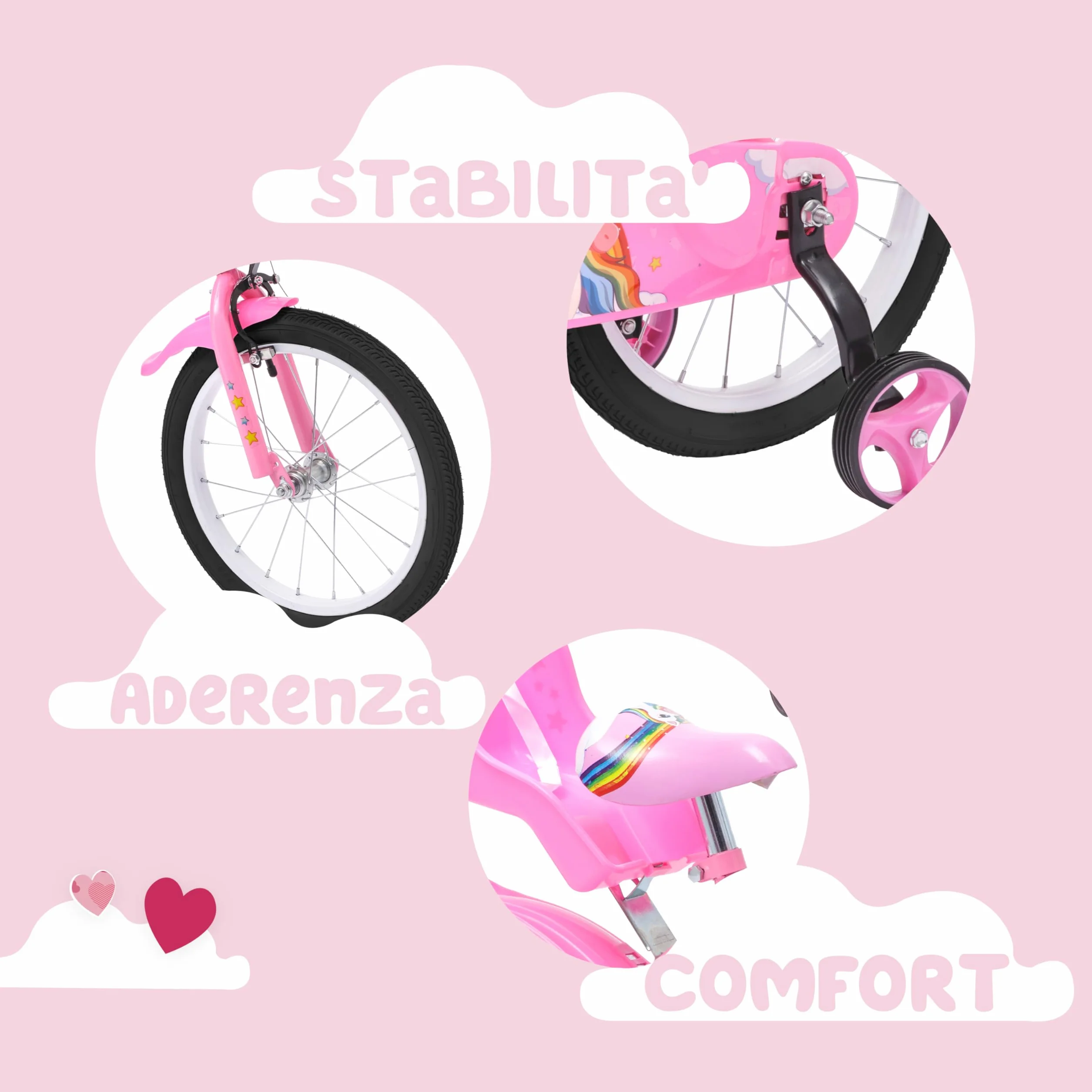 Baroni Toys Bicicletta per Bambine 12 & 14 & 16 Pollici con Unicorno con Porta Bambola e Rotelle Inclusi, Bici in Acciaio con Cestino per Bambina dai 2 ai 7 anni