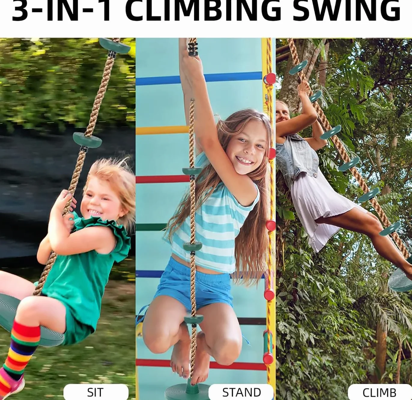 Altalena con Corda da Arrampicata, Altalena per Bambini da Esterno con Sedile Regolabile, Lunghezza della Corda Regolabile, Portata fino a 200 kg per Giardino, Parco, Parco Giochi (Verde)