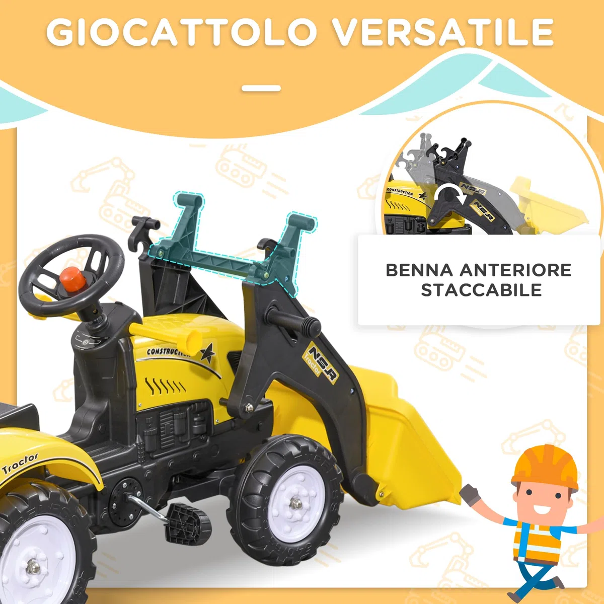 HOMCOM Escavatore Cavalcabile per Bambini da 3 Anni con Ruspa Frontale e Rimorchio Rimovibile, Trattore a Pedali per Bambini con 6 Ruote, Giallo