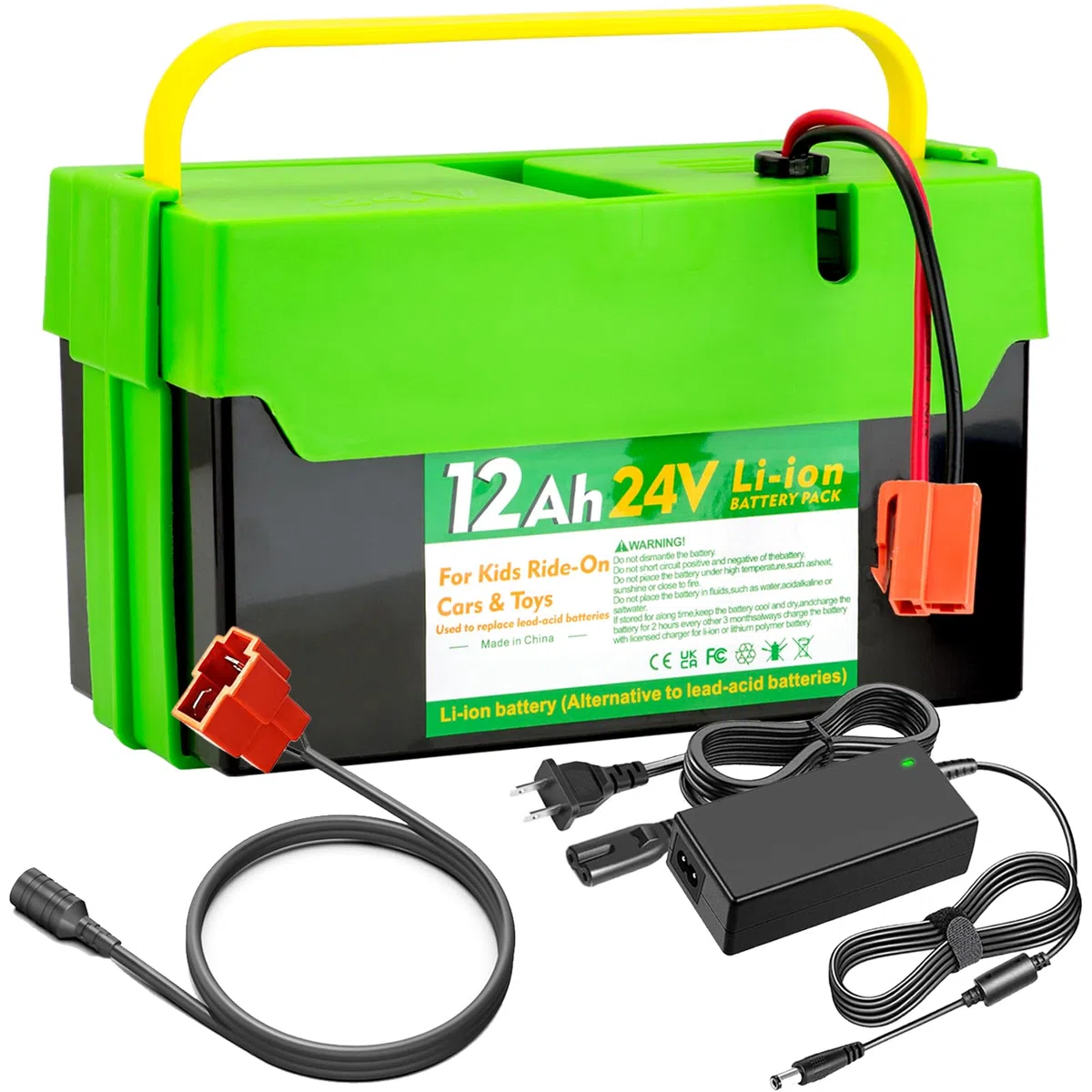 Batteria agli ioni di litio da 24 V, 12 Ah, per bambini, auto e giocattoli, batteria di ricambio con caricabatterie da 2 A, nero e verde