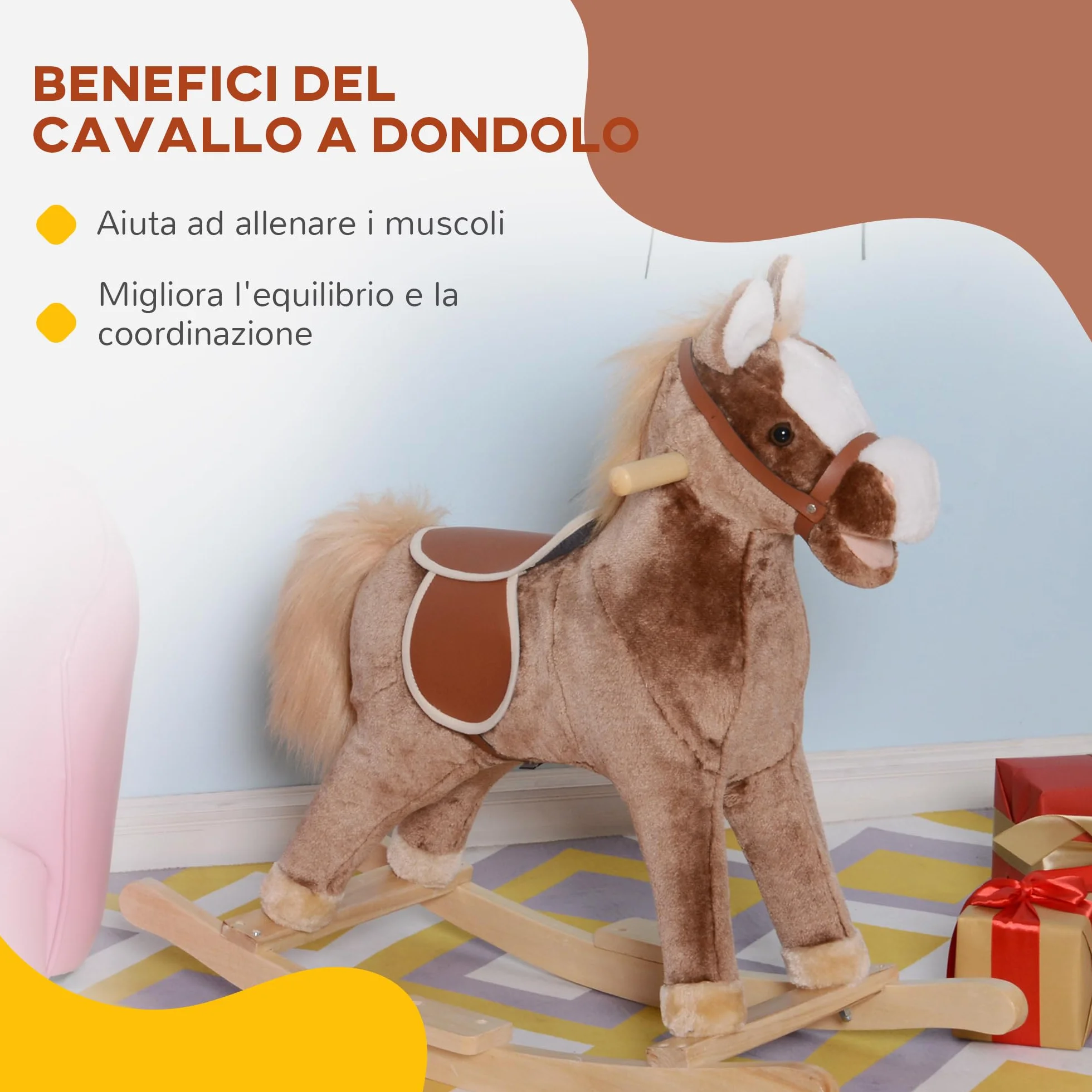 HOMCOM Cavallo a Dondolo per Bambini in Legno, Giocattolo Cavalcabile per Bambini in Peluche, 74x33x62 cm, Marrone