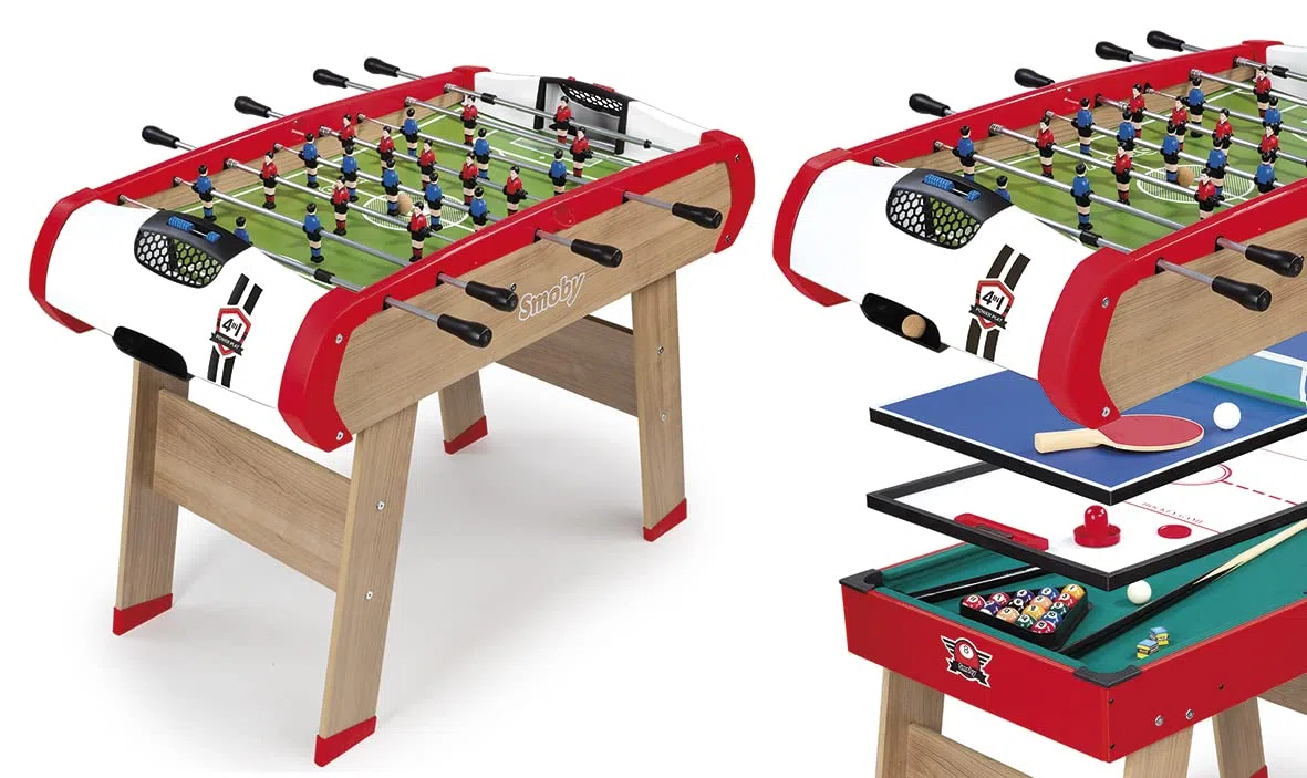 Smoby - Calcio Balilla Powerplay 4 in 1 - Ping Pong + Hockey e Biliardo - Struttura in legno - Accessori inclusi - Palline, Racchette da Ping Pong, Biliardi, Aste - Da 8 anni
