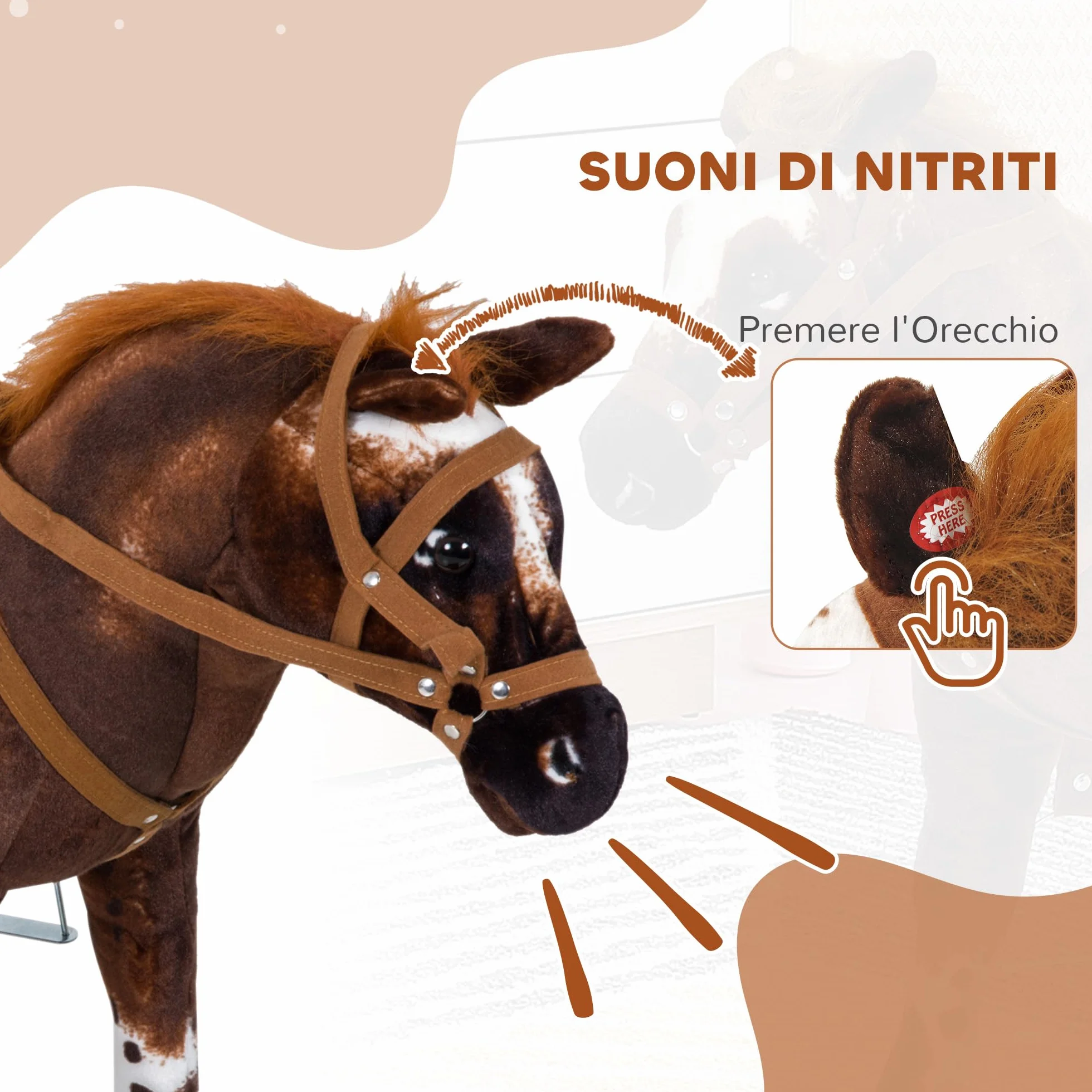 HOMCOM Cavallo a Dondolo per Bambini 2+ Anni con Nitrito Realistico, Sella e Staffe, Cavallo Giocattolo in Peluche e Metallo, 85x28x60 cm, Marrone