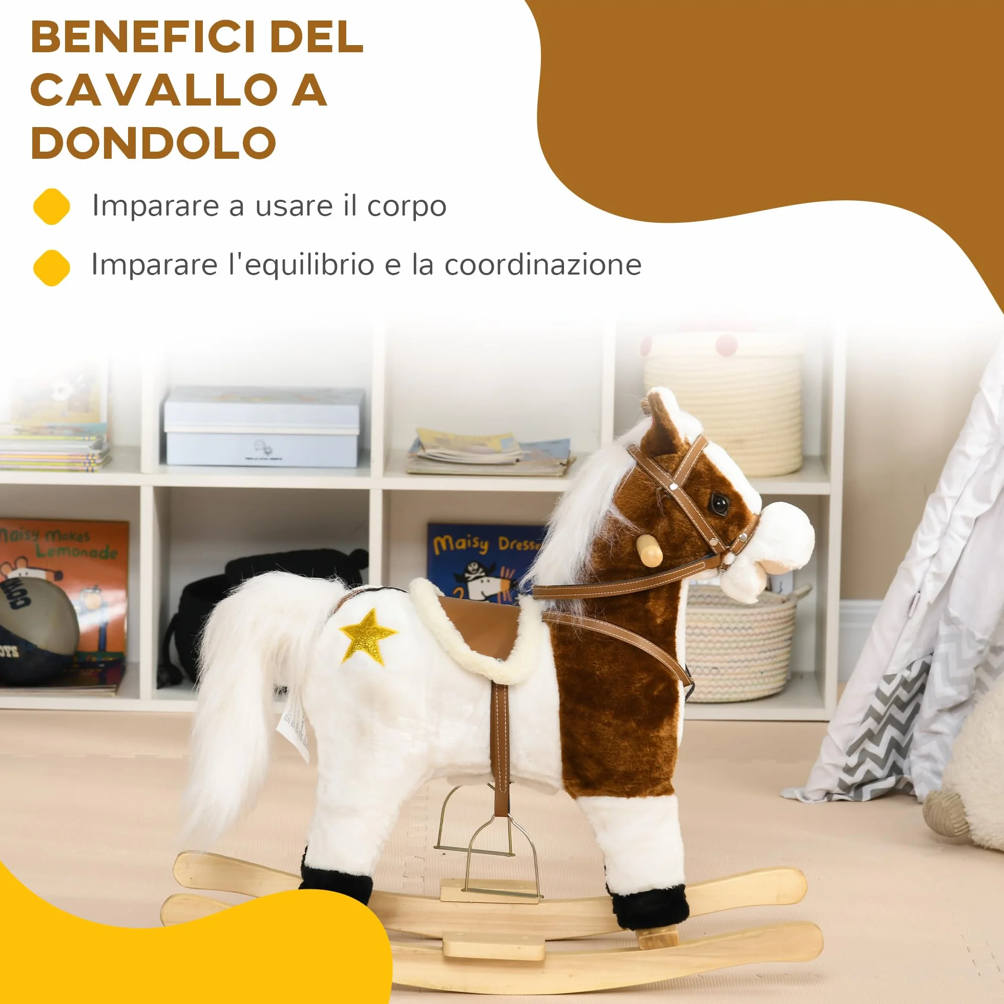 HOMCOM Cavallo a Dondolo per Bambini da 3-6 Anni, Gioco per Bambini Cavalcabile con Suoni in Peluche, 68x26x62cm, Marrone