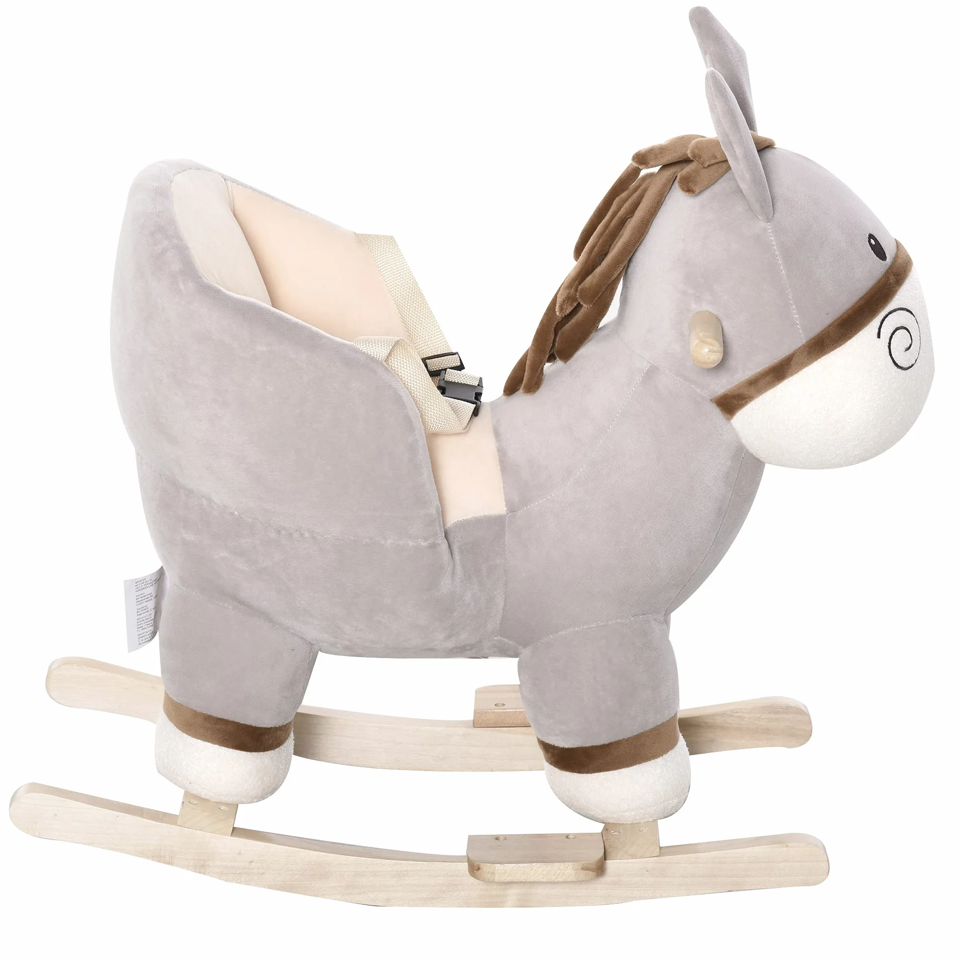 HOMCOM Cavallo a Dondolo per Bambini 18-36 Mesi, Cavalluccio a Dondolo a Forma di Asino con Suoni Realistici in Legno di Pioppo e Peluche, Grigio