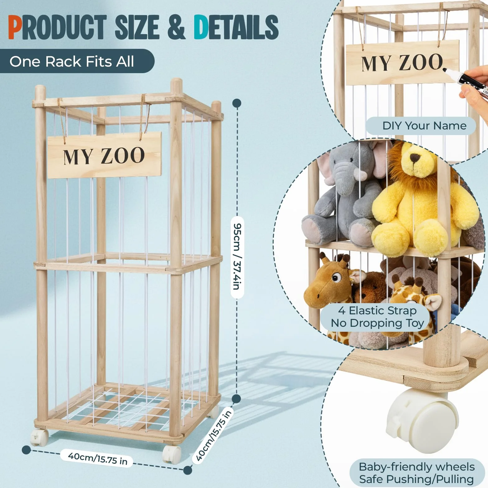 Porta Peluche Verticale a 2 Ripiani, Portapeluche con Ruote Frenate a 360°, Organizer per Animali di Peluche e Giocattoli, per Camera dei Bambini, Sala Giochi, Soggiorno, 95 x 40 x 40 cm