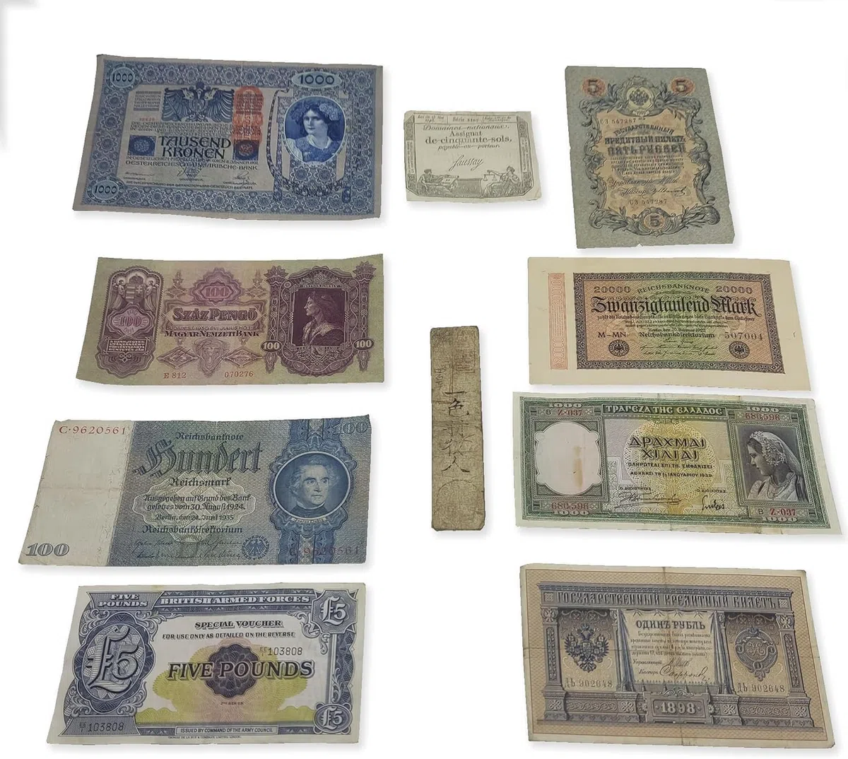 Collezione di 10 Banconote Antiche Autentiche 1792-2014, 4 Secoli di Storia con Certificato di Autenticità