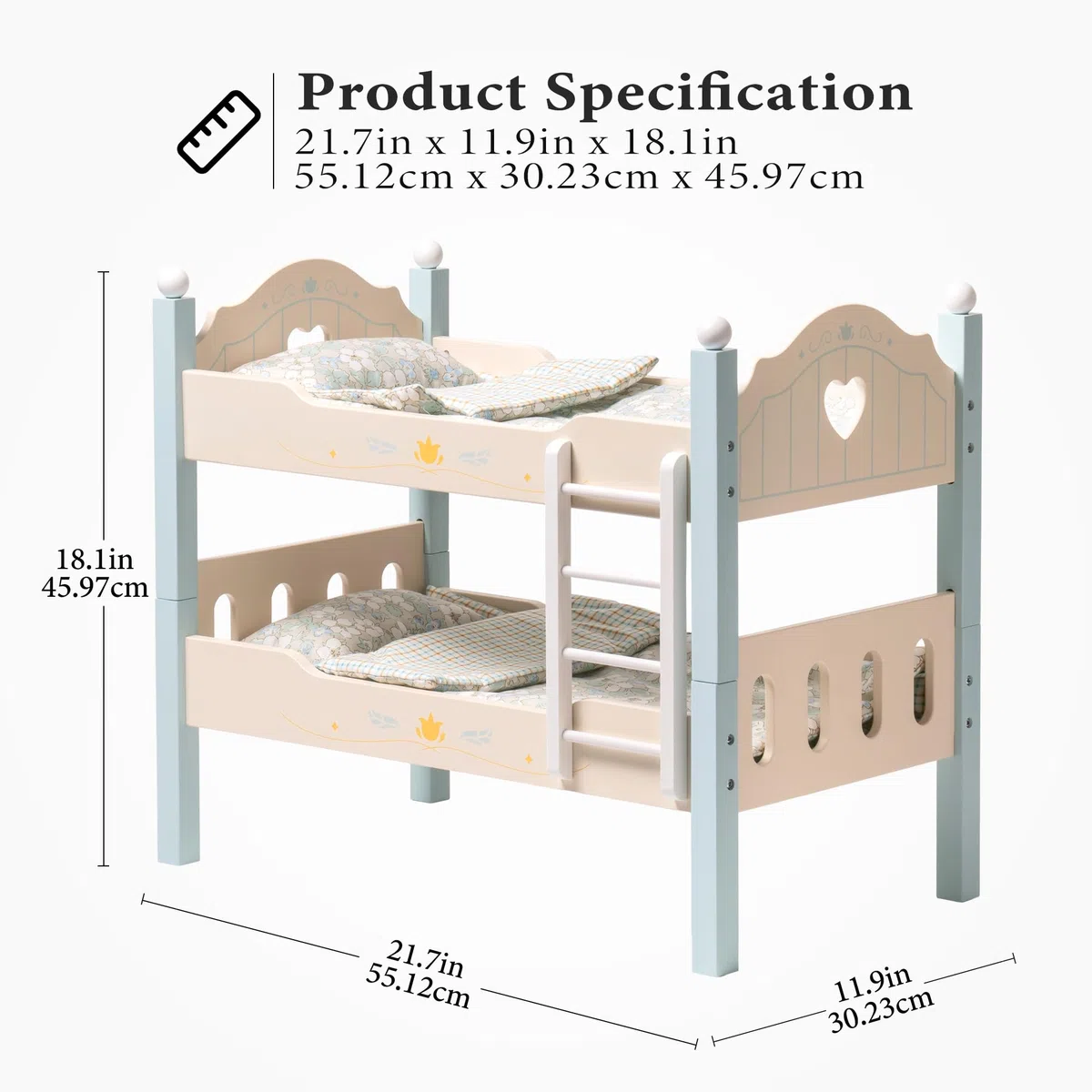 ROBOTIME Letto a castello per bambole in legno da 18", lettino per bambole trasformabile con scaletta e biancheria da letto, culla per bambole impilabile, regalo perfetto per bambini, blu