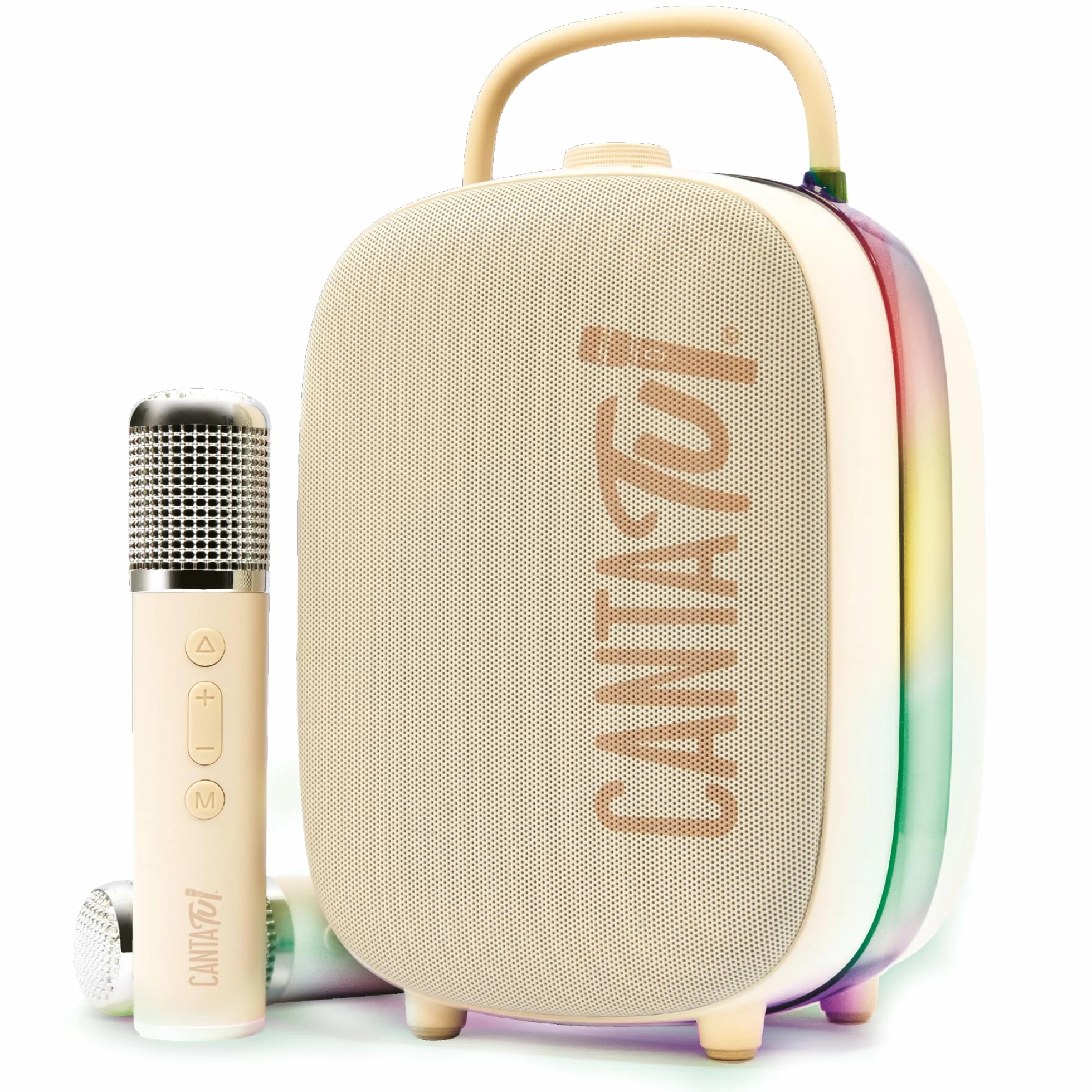 Canta Tu Nina Macchina Karaoke 2 Microfoni Wireless Bluetooth Altoparlante Portatile Luci LED Cambio Voci Beige