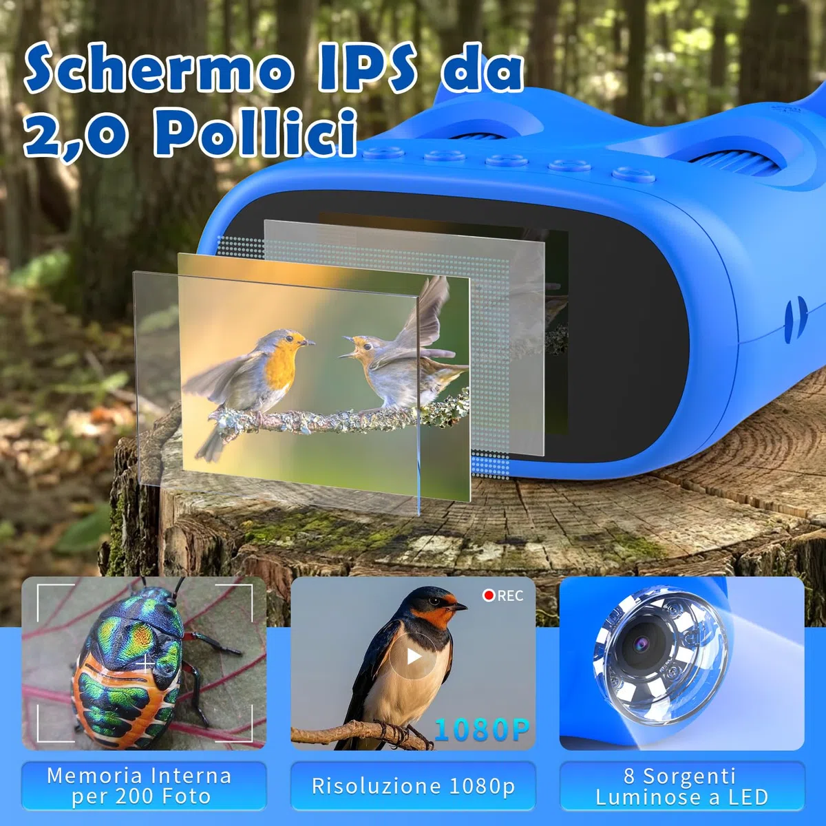 Microscopio Bambini 2 in 1 per Bambini e Binocolo, HD IPS da 2,0", 1000x, 8 LED, 1080P, Microscopi Adatti a Bambini e Bambine dai 3 Anni in Su, Blu
