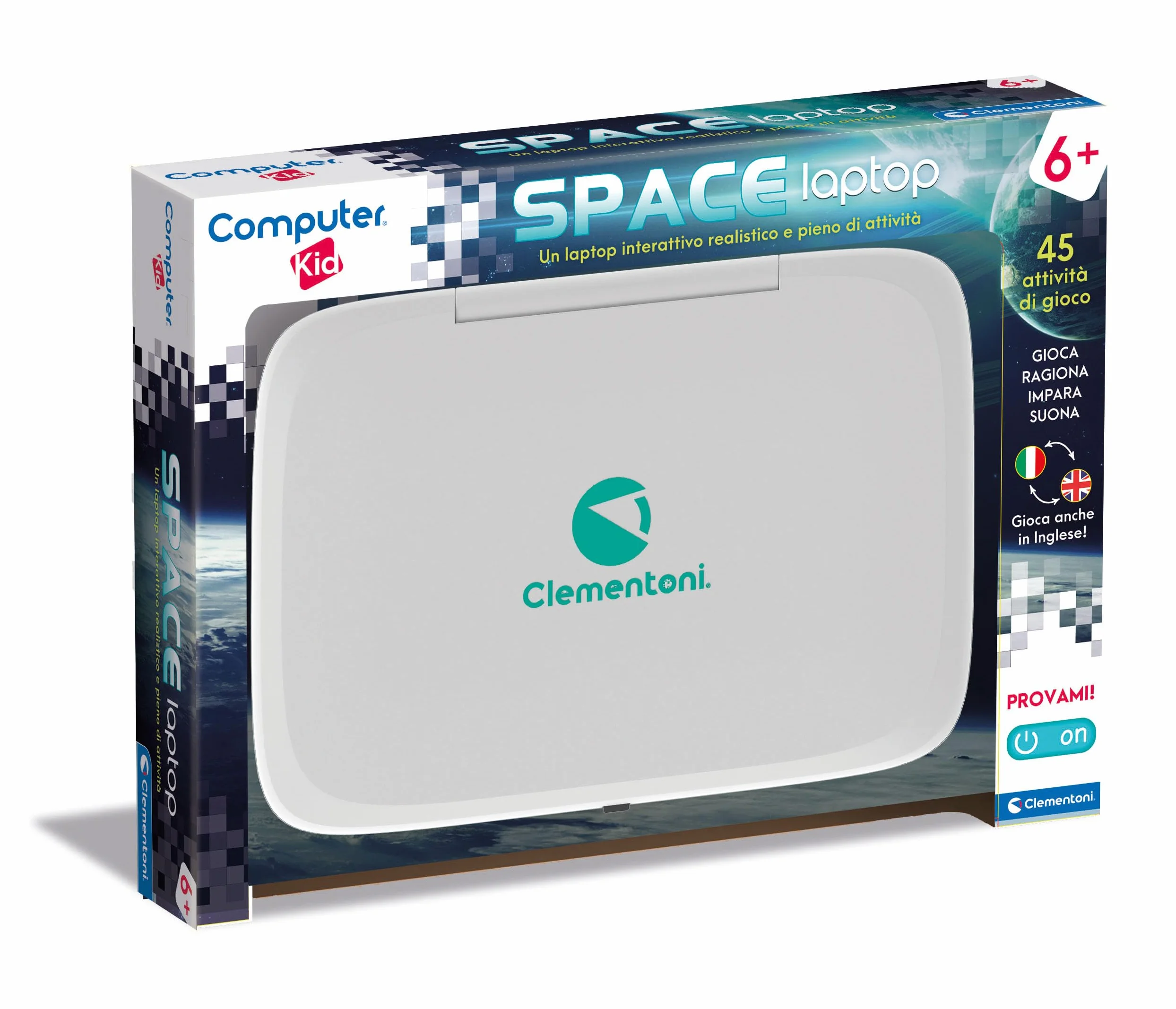 Clementoni - Computer Kid Space, Laptop Educativo Parlante Bambini 6+ Anni, 45 attività Educative Interattive, Gioco Elettronico per Imparare Lettere, Numeri e Parole, Batterie Incluse, 16426