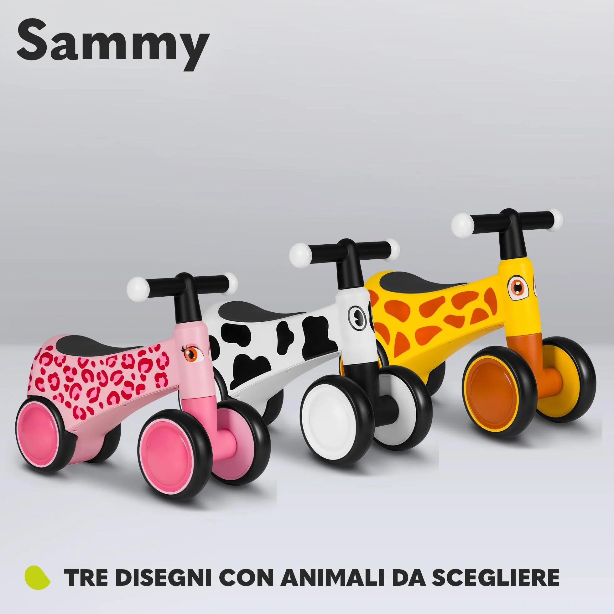 lionelo SAMMY Bicicletta Senza Pedali da 1 a 3 anni, Camminatore Bambini 4 Ruote Fino a 25 kg, Maniglie Antiscivolo con Luci 3 Design Sella Ergonomica, Per Bambine e Bambini
